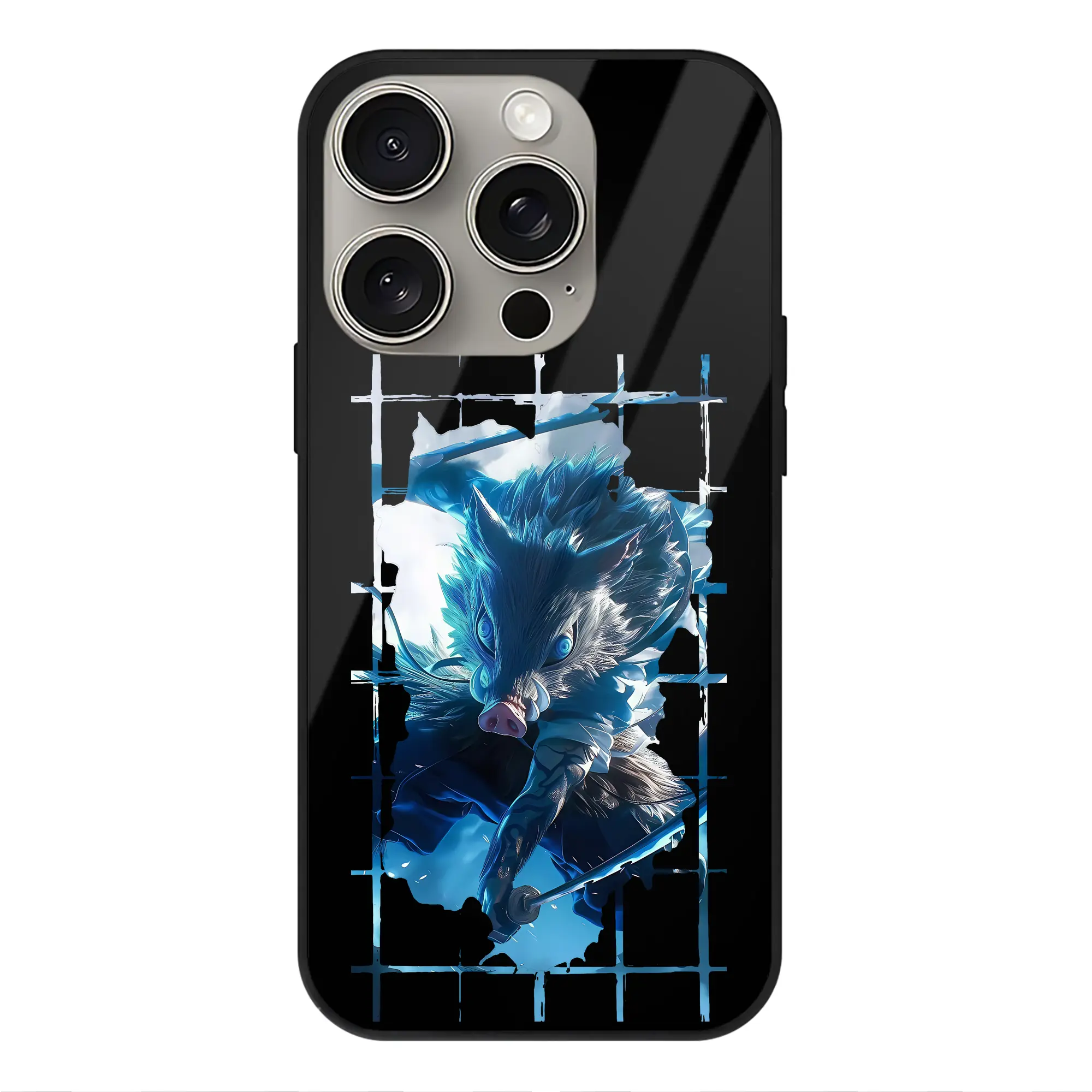 鬼滅の刃 グッズ,嘴平 伊之助 - IPhone15Pro対応 ・ スマホケース ・ 背面ガラス ・ TPU+強化ガラス ・ 耐衝撃 ・ 黄変防止 ・ ワイヤレス充電対応 ・ 3D立体ボタン