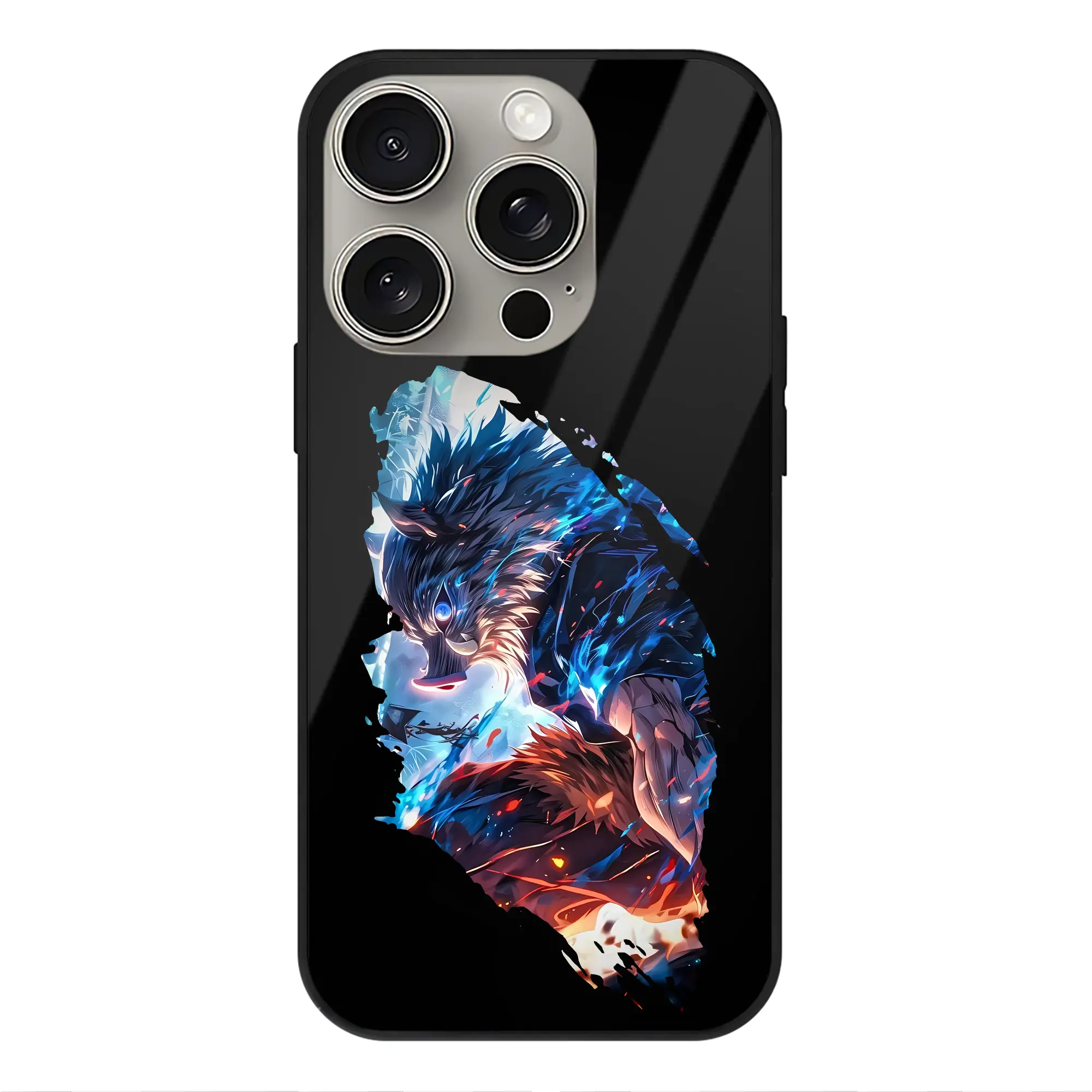 鬼滅の刃 グッズ,嘴平 伊之助 - IPhone15Pro対応 ・ スマホケース ・ 背面ガラス ・ TPU+強化ガラス ・ 耐衝撃 ・ 黄変防止 ・ ワイヤレス充電対応 ・ 3D立体ボタン