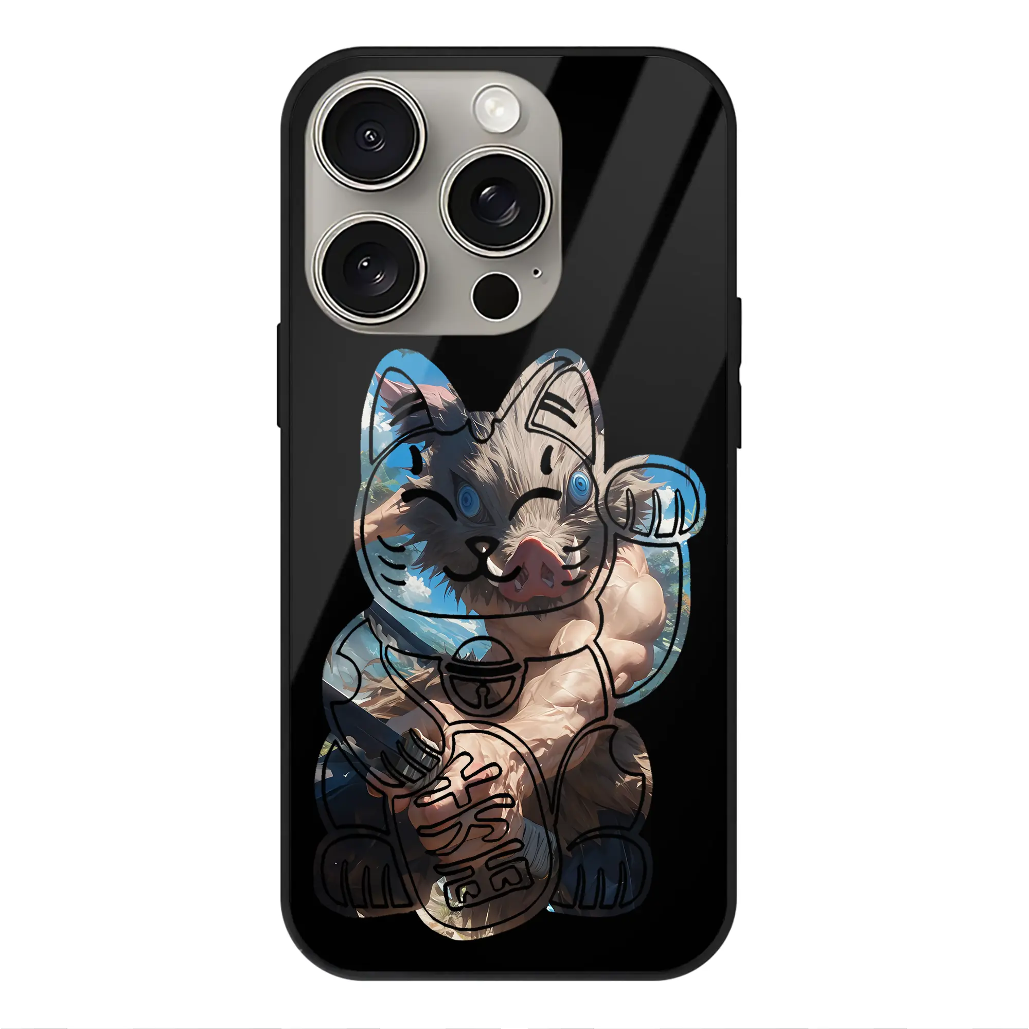 鬼滅の刃 グッズ,嘴平 伊之助 - IPhone15Pro対応 ・ スマホケース ・ 背面ガラス ・ TPU+強化ガラス ・ 耐衝撃 ・ 黄変防止 ・ ワイヤレス充電対応 ・ 3D立体ボタン