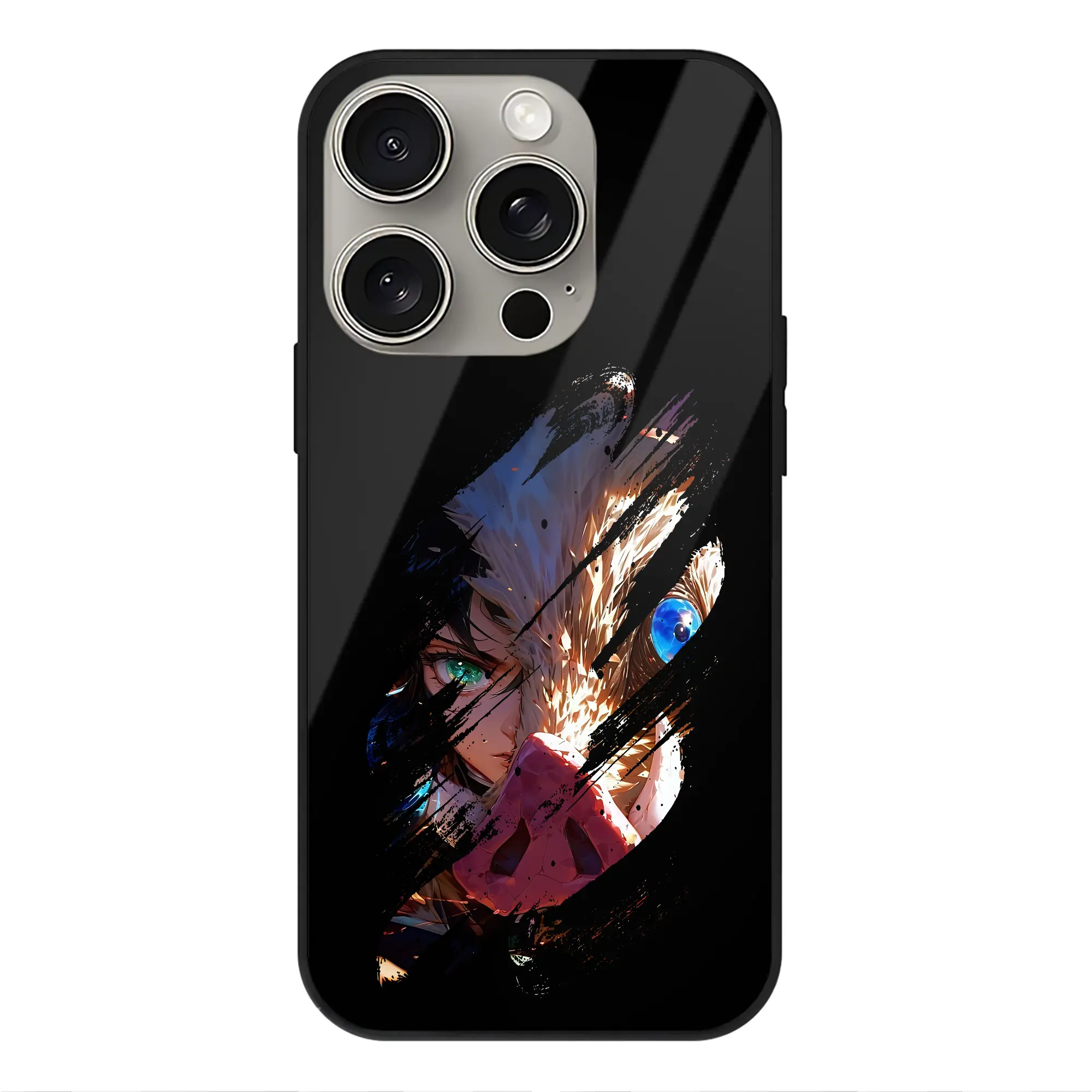 鬼滅の刃 グッズ,嘴平 伊之助 - IPhone15Pro対応 ・ スマホケース ・ 背面ガラス ・ TPU+強化ガラス ・ 耐衝撃 ・ 黄変防止 ・ ワイヤレス充電対応 ・ 3D立体ボタン