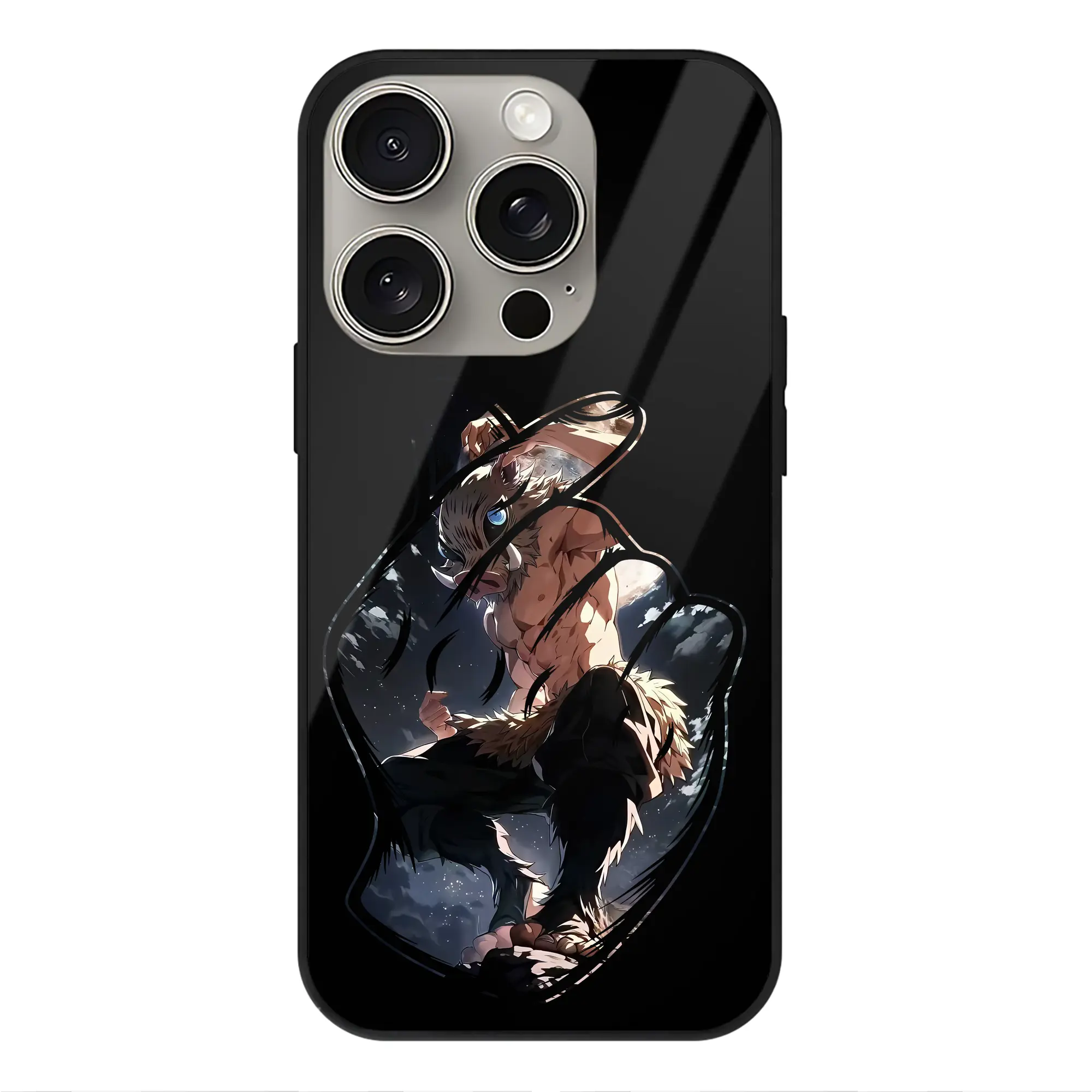 鬼滅の刃 グッズ,嘴平 伊之助 - IPhone15Pro対応 ・ スマホケース ・ 背面ガラス ・ TPU+強化ガラス ・ 耐衝撃 ・ 黄変防止 ・ ワイヤレス充電対応 ・ 3D立体ボタン