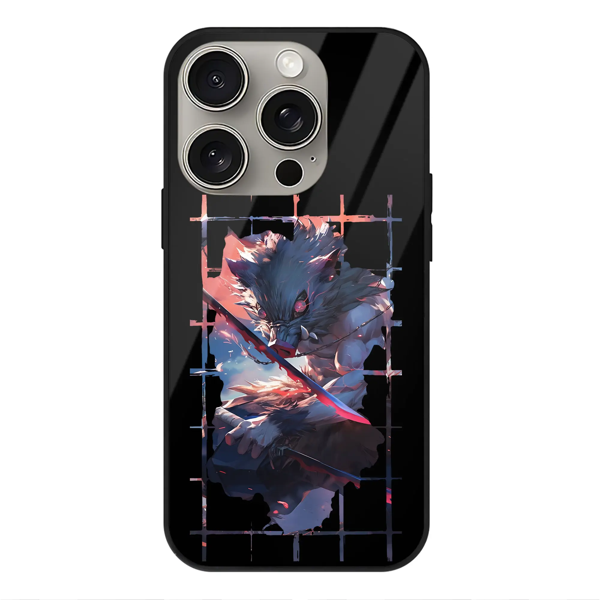 鬼滅の刃 グッズ,嘴平 伊之助 - IPhone15Pro対応 ・ スマホケース ・ 背面ガラス ・ TPU+強化ガラス ・ 耐衝撃 ・ 黄変防止 ・ ワイヤレス充電対応 ・ 3D立体ボタン