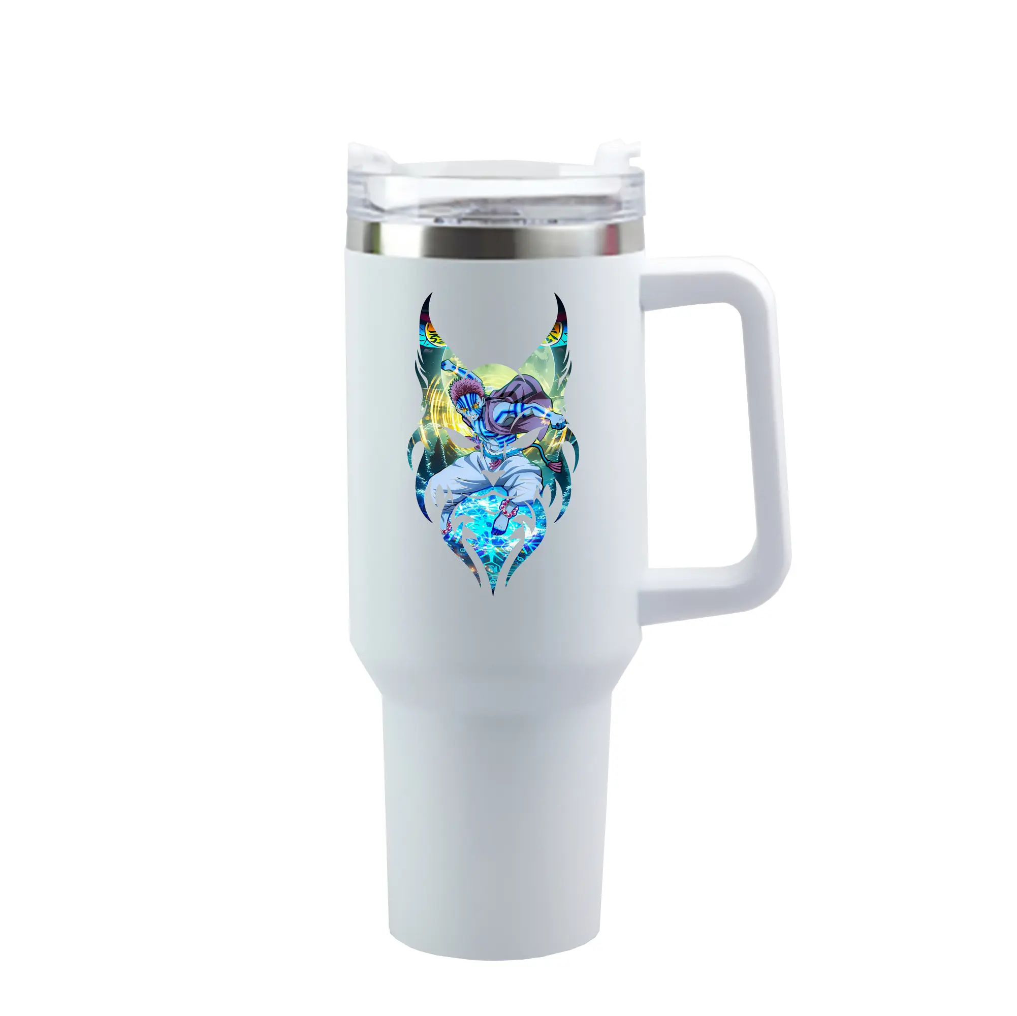 鬼滅の刃 グッズ,猗窩座 - 1200mL 車用タンブラー ・ クリスタルステッカー ・ 304ステンレス 内側 ・ 201ステンレス 外側 ・ 保温 保冷 ・ ハンドル＆ストロー付き ・ 通勤 ドライブ アウトドア用