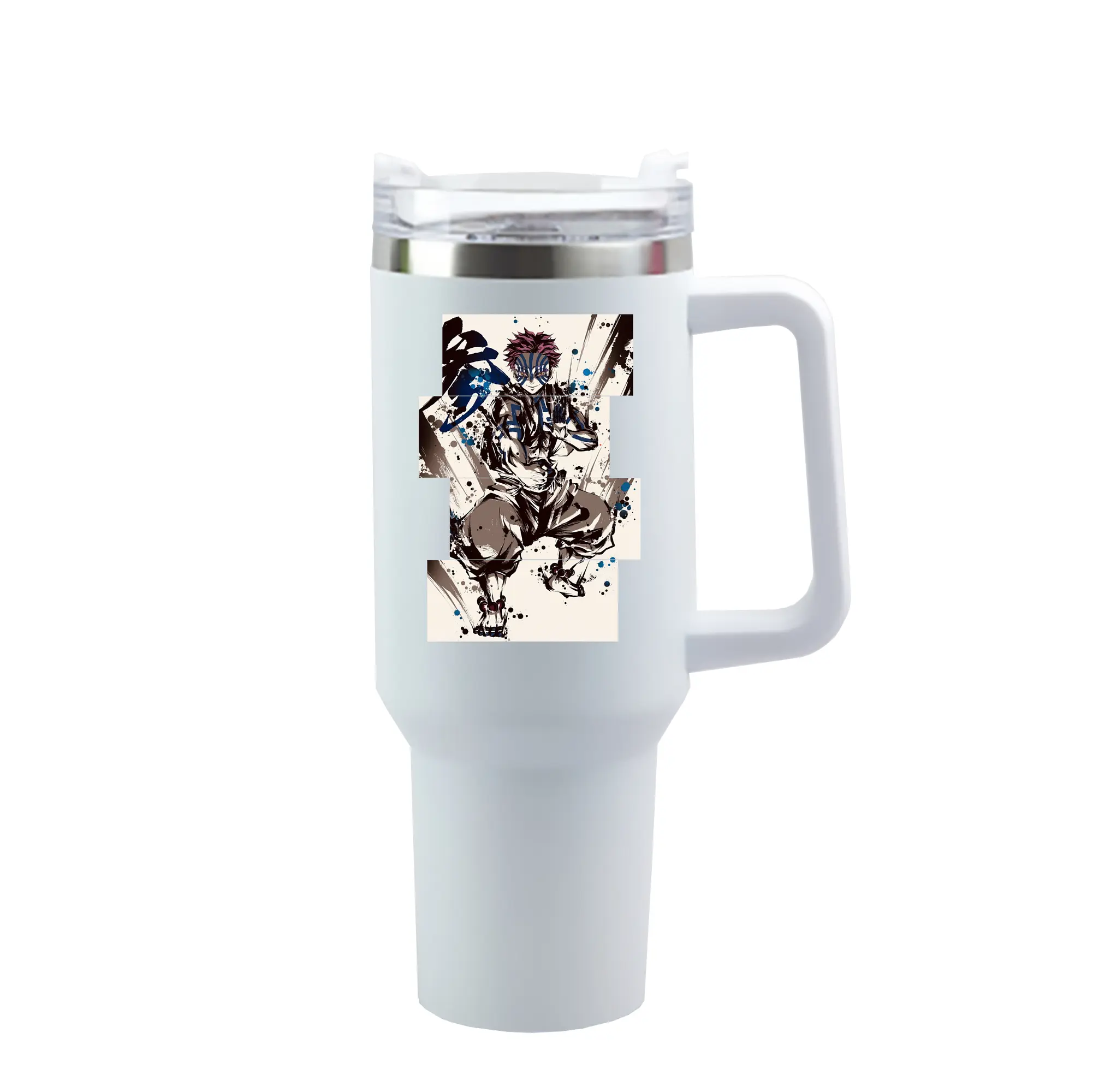 鬼滅の刃 グッズ,猗窩座 - 1200mL 車用タンブラー ・ クリスタルステッカー ・ 304ステンレス 内側 ・ 201ステンレス 外側 ・ 保温 保冷 ・ ハンドル＆ストロー付き ・ 通勤 ドライブ アウトドア用