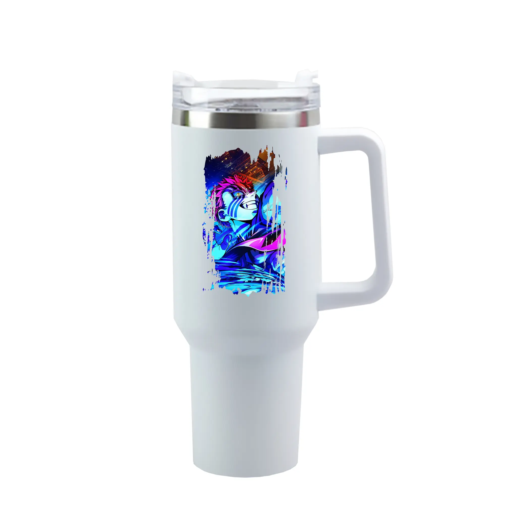 鬼滅の刃 グッズ,猗窩座 - 1200mL 車用タンブラー ・ クリスタルステッカー ・ 304ステンレス 内側 ・ 201ステンレス 外側 ・ 保温 保冷 ・ ハンドル＆ストロー付き ・ 通勤 ドライブ アウトドア用