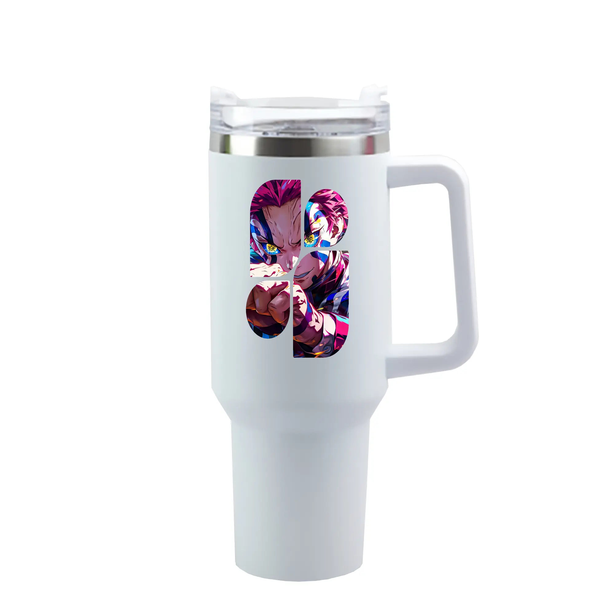 鬼滅の刃 グッズ,猗窩座 - 1200mL 車用タンブラー ・ クリスタルステッカー ・ 304ステンレス 内側 ・ 201ステンレス 外側 ・ 保温 保冷 ・ ハンドル＆ストロー付き ・ 通勤 ドライブ アウトドア用