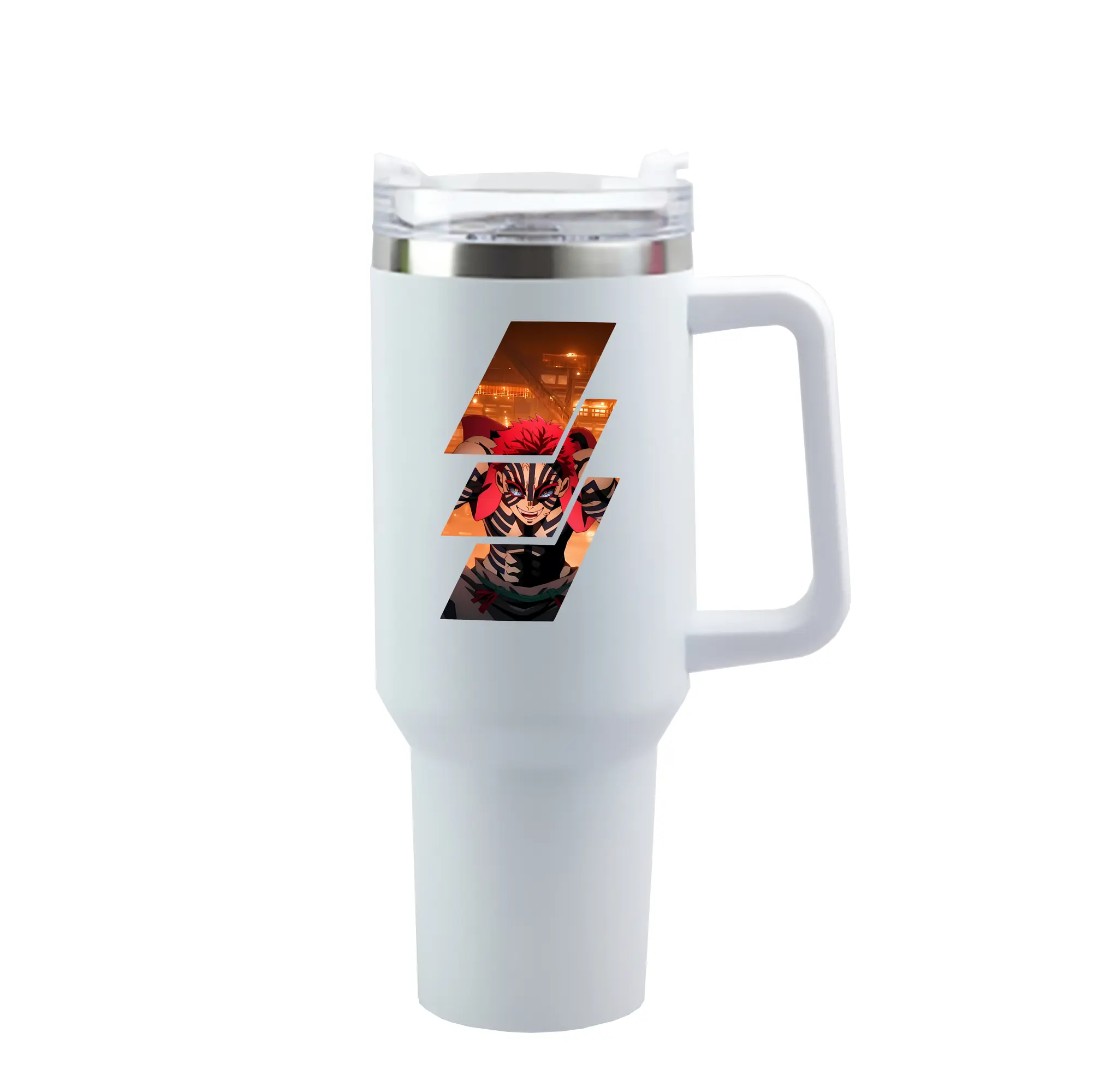 鬼滅の刃 グッズ,猗窩座 - 1200mL 車用タンブラー ・ クリスタルステッカー ・ 304ステンレス 内側 ・ 201ステンレス 外側 ・ 保温 保冷 ・ ハンドル＆ストロー付き ・ 通勤 ドライブ アウトドア用