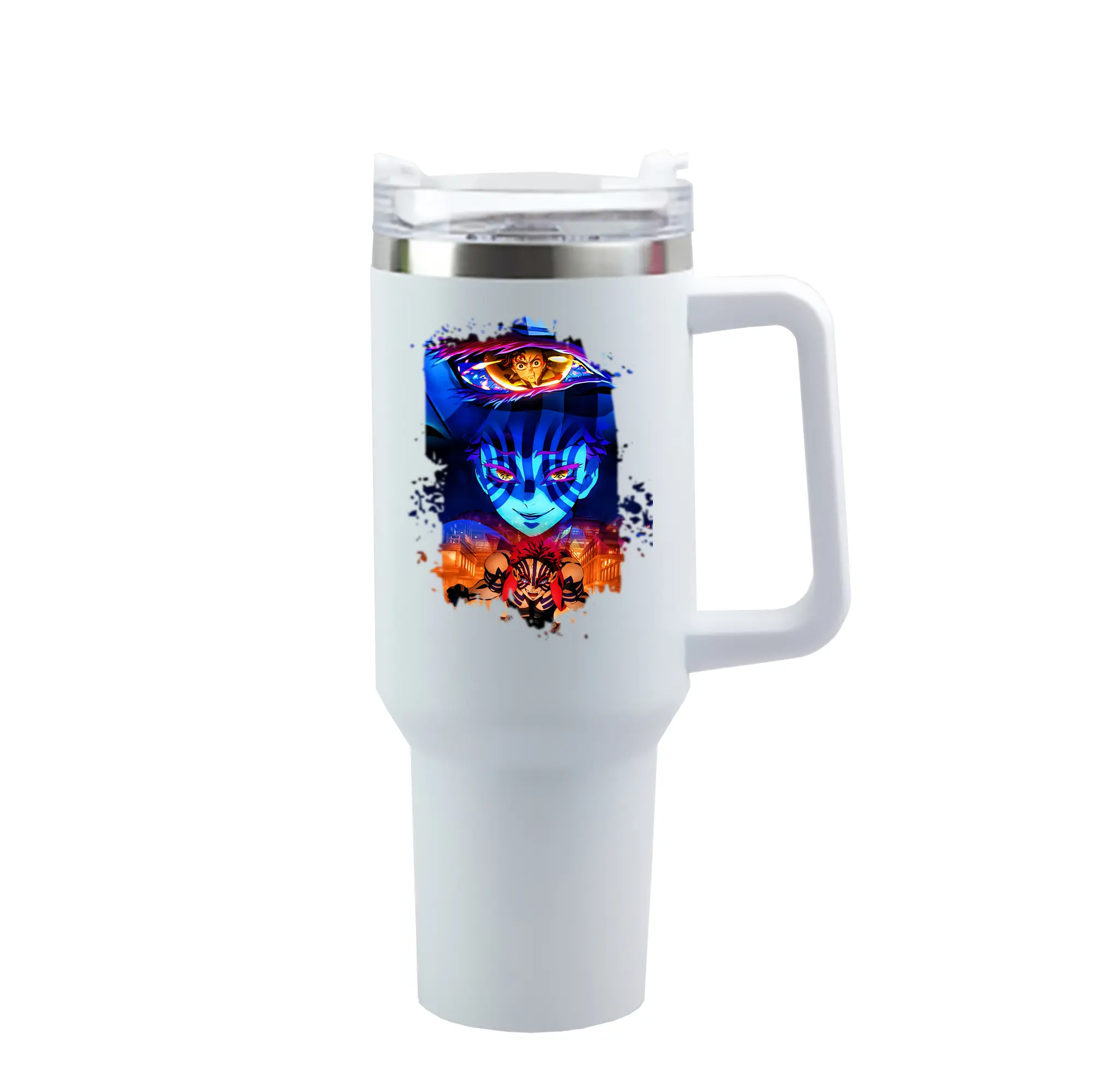 鬼滅の刃 グッズ,猗窩座 - 1200mL 車用タンブラー ・ クリスタルステッカー ・ 304ステンレス 内側 ・ 201ステンレス 外側 ・ 保温 保冷 ・ ハンドル＆ストロー付き ・ 通勤 ドライブ アウトドア用