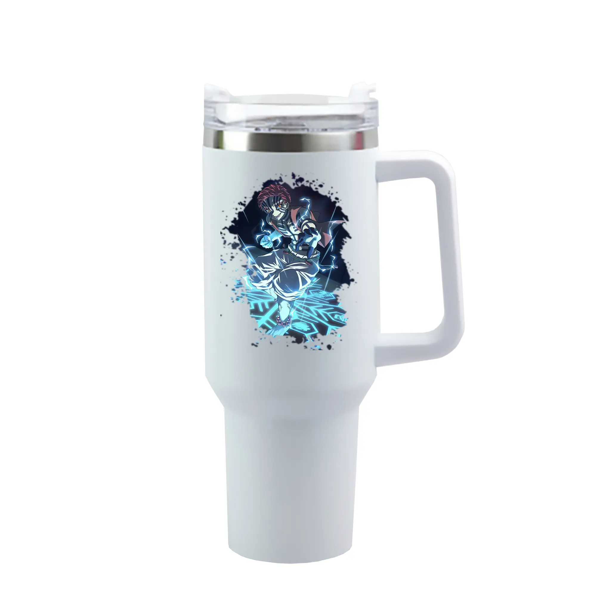 鬼滅の刃 グッズ,猗窩座 - 1200mL 車用タンブラー ・ クリスタルステッカー ・ 304ステンレス 内側 ・ 201ステンレス 外側 ・ 保温 保冷 ・ ハンドル＆ストロー付き ・ 通勤 ドライブ アウトドア用