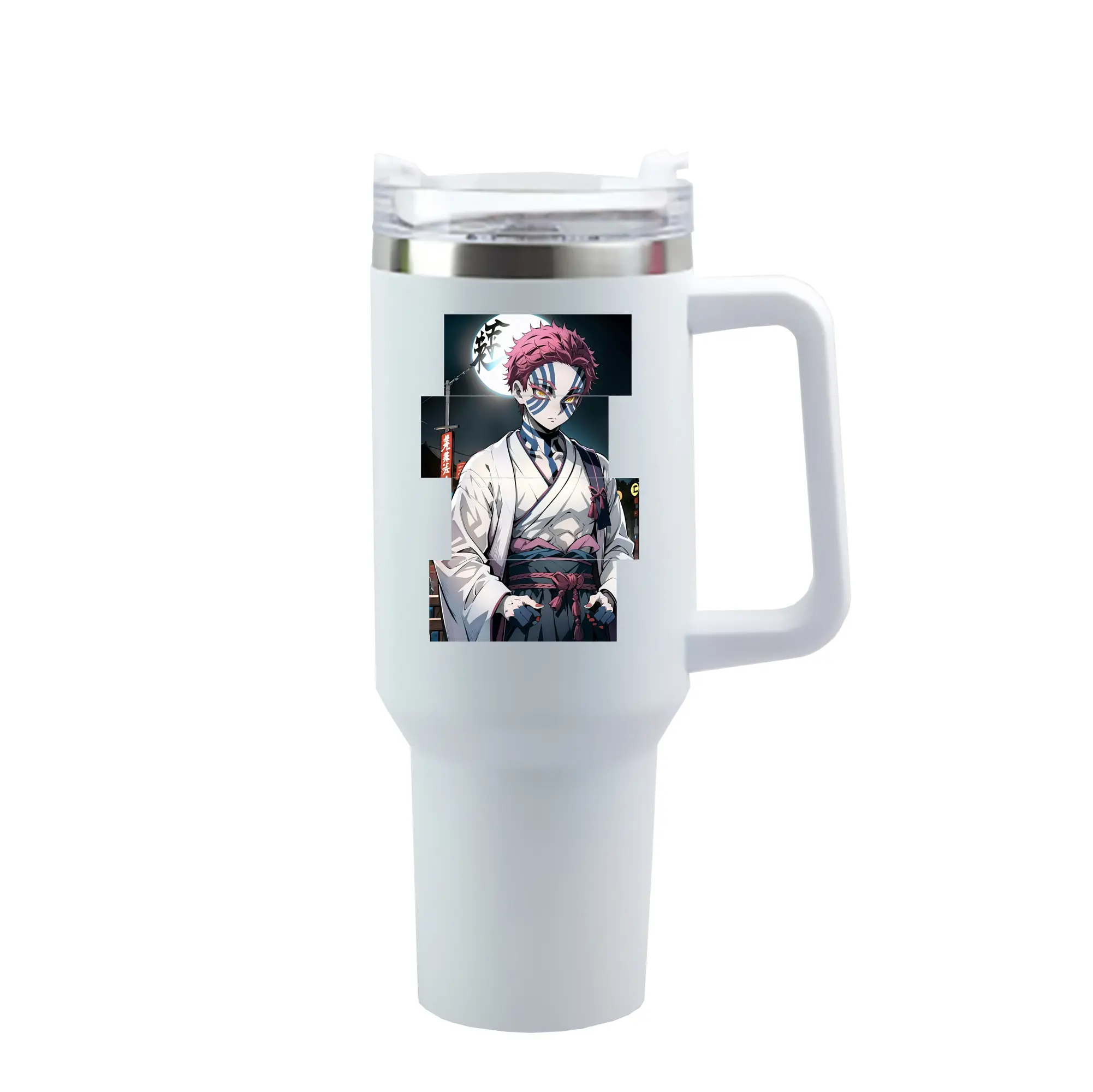 鬼滅の刃 グッズ,猗窩座 - 1200mL 車用タンブラー ・ クリスタルステッカー ・ 304ステンレス 内側 ・ 201ステンレス 外側 ・ 保温 保冷 ・ ハンドル＆ストロー付き ・ 通勤 ドライブ アウトドア用