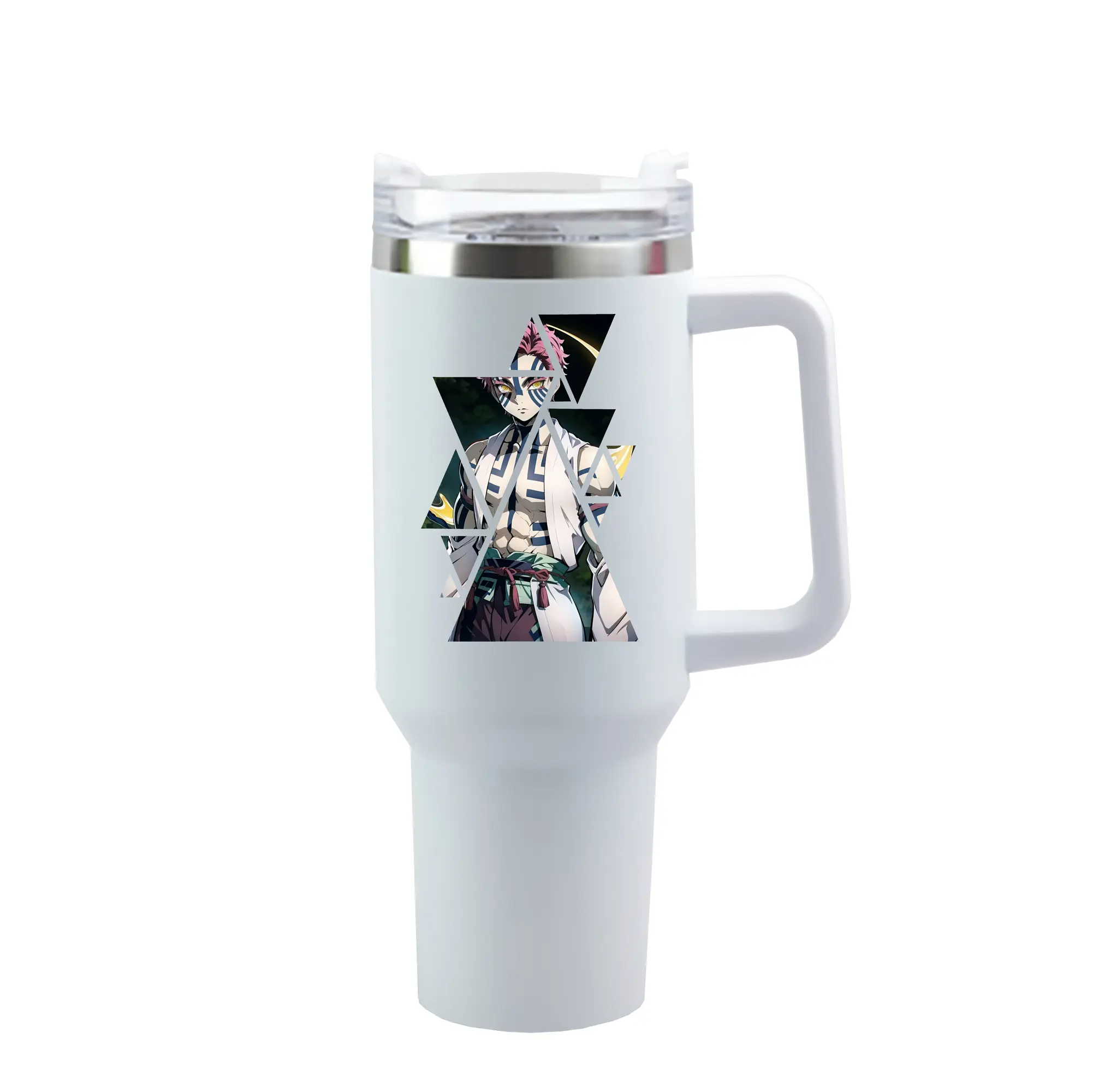 鬼滅の刃 グッズ,猗窩座 - 1200mL 車用タンブラー ・ クリスタルステッカー ・ 304ステンレス 内側 ・ 201ステンレス 外側 ・ 保温 保冷 ・ ハンドル＆ストロー付き ・ 通勤 ドライブ アウトドア用