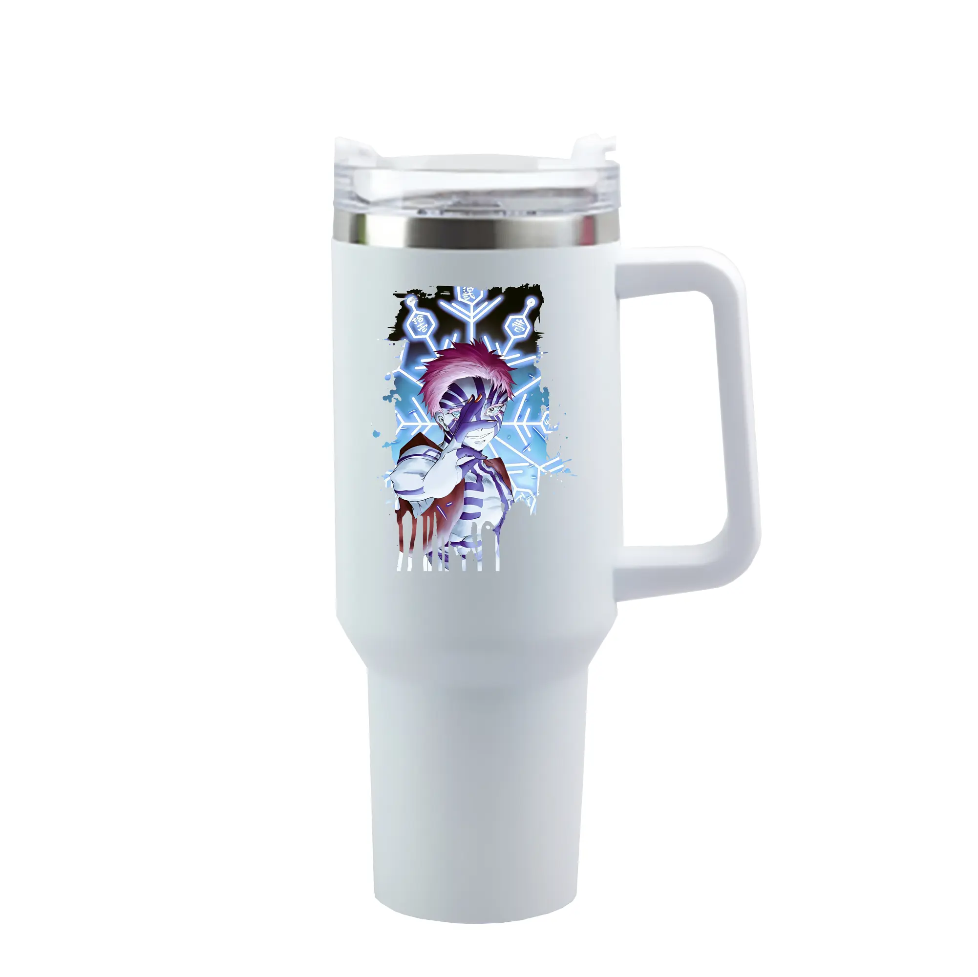 鬼滅の刃 グッズ,猗窩座 - 1200mL 車用タンブラー ・ クリスタルステッカー ・ 304ステンレス 内側 ・ 201ステンレス 外側 ・ 保温 保冷 ・ ハンドル＆ストロー付き ・ 通勤 ドライブ アウトドア用