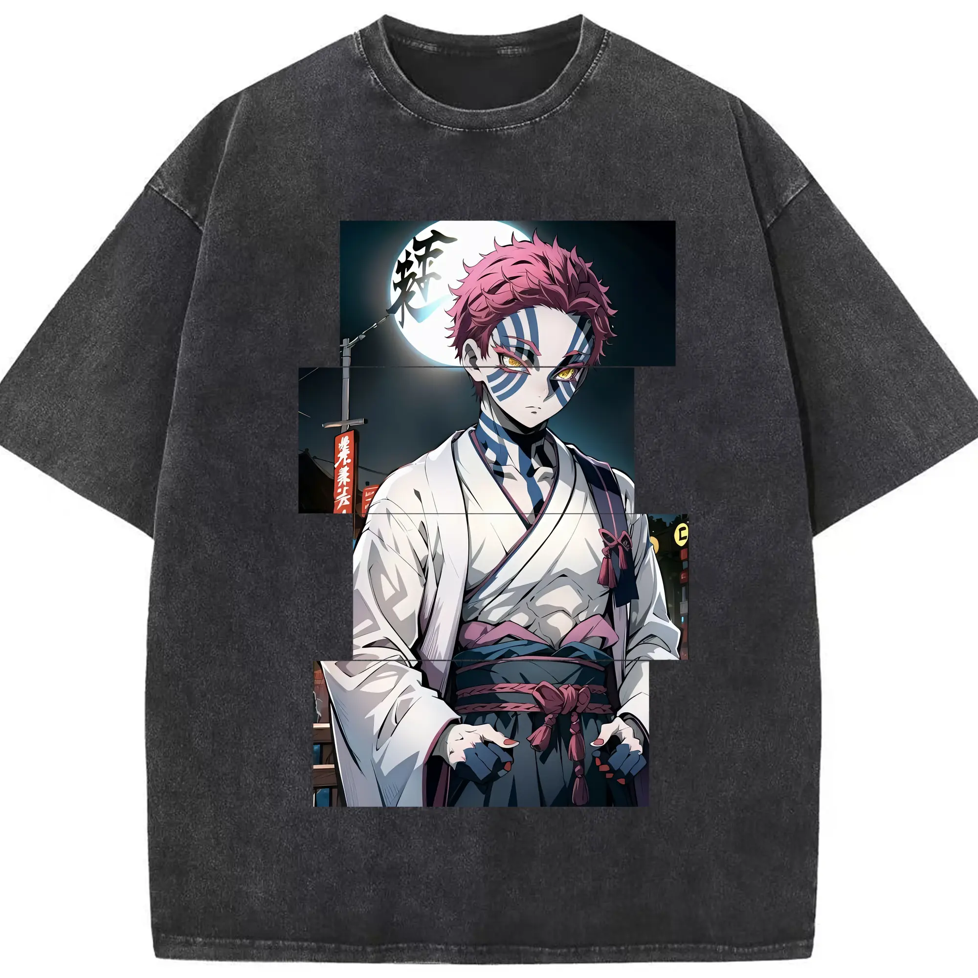 鬼滅の刃 グッズ,猗窩座 - 綿100％ ヴィンテージ風 半袖Tシャツ ・ フロントプリント ・ 柔らか肌触り ・ 通気性 快適 ・ スポーツ カジュアル 外出用