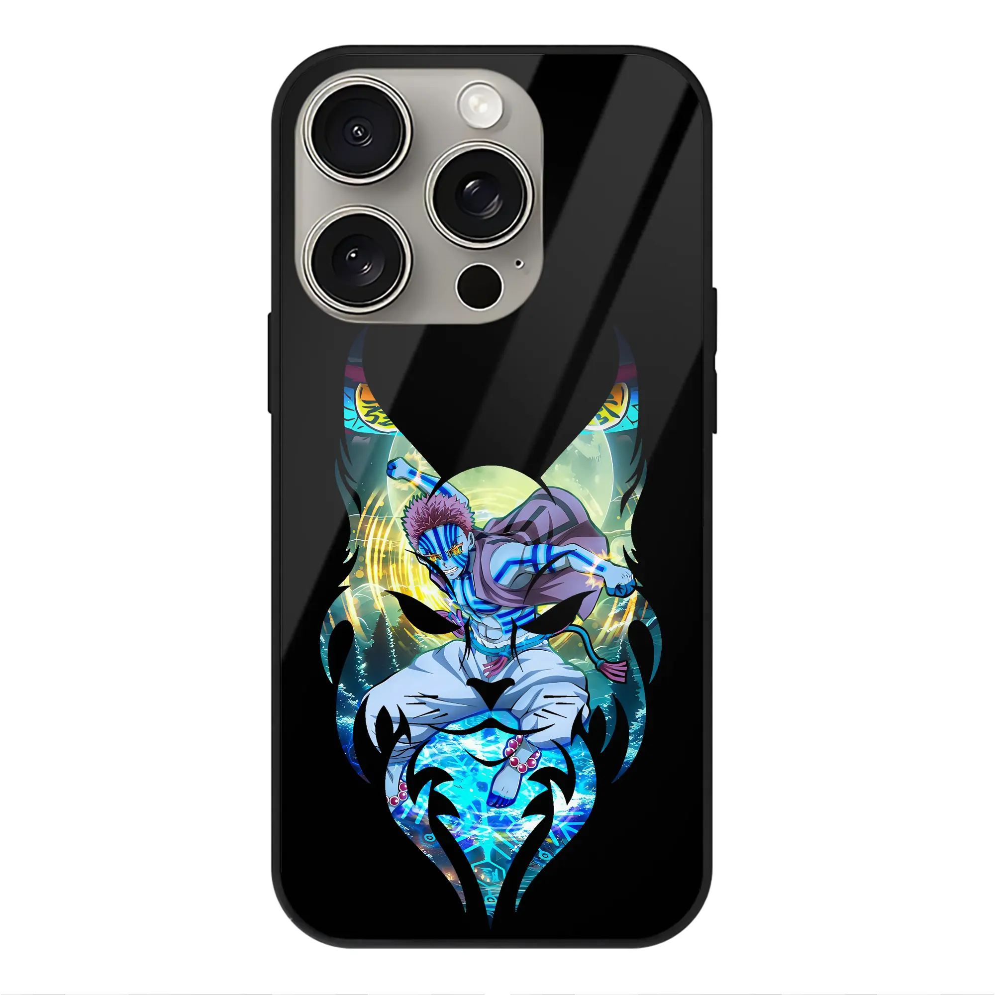 鬼滅の刃 グッズ,猗窩座 - IPhone15Pro対応 ・ スマホケース ・ 背面ガラス ・ TPU+強化ガラス ・ 耐衝撃 ・ 黄変防止 ・ ワイヤレス充電対応 ・ 3D立体ボタン