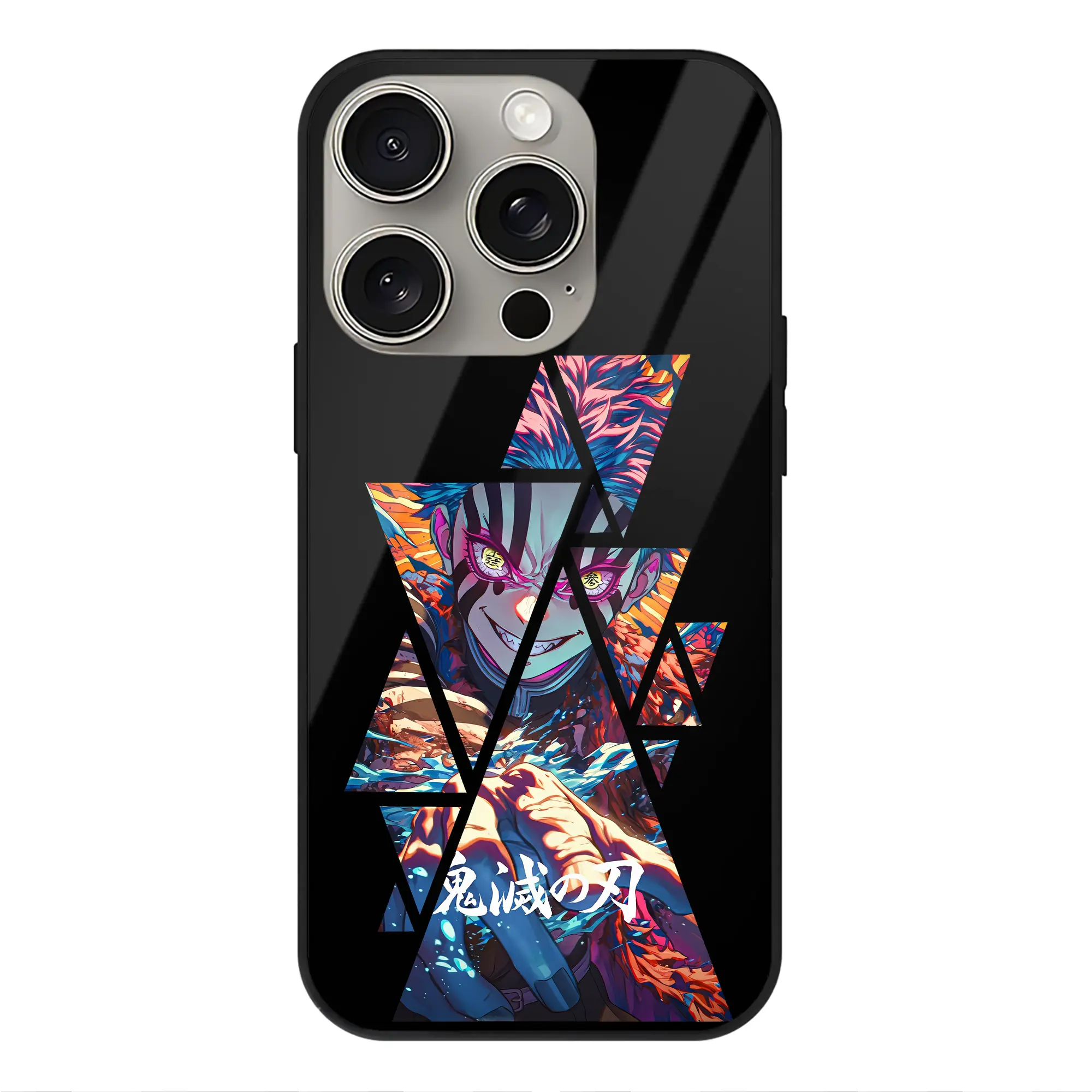 鬼滅の刃 グッズ,猗窩座 - IPhone15Pro対応 ・ スマホケース ・ 背面ガラス ・ TPU+強化ガラス ・ 耐衝撃 ・ 黄変防止 ・ ワイヤレス充電対応 ・ 3D立体ボタン