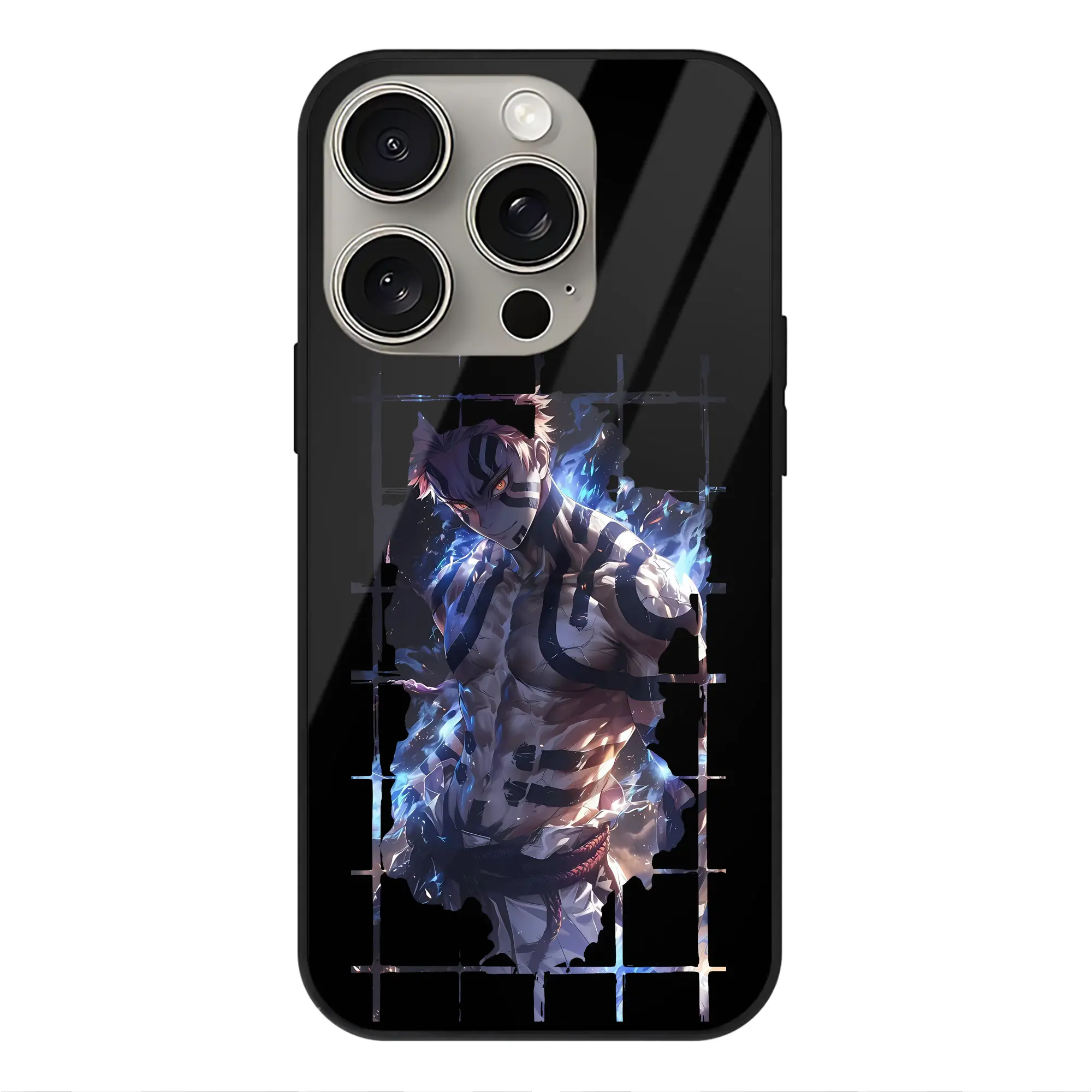 鬼滅の刃 グッズ,猗窩座 - IPhone15Pro対応 ・ スマホケース ・ 背面ガラス ・ TPU+強化ガラス ・ 耐衝撃 ・ 黄変防止 ・ ワイヤレス充電対応 ・ 3D立体ボタン