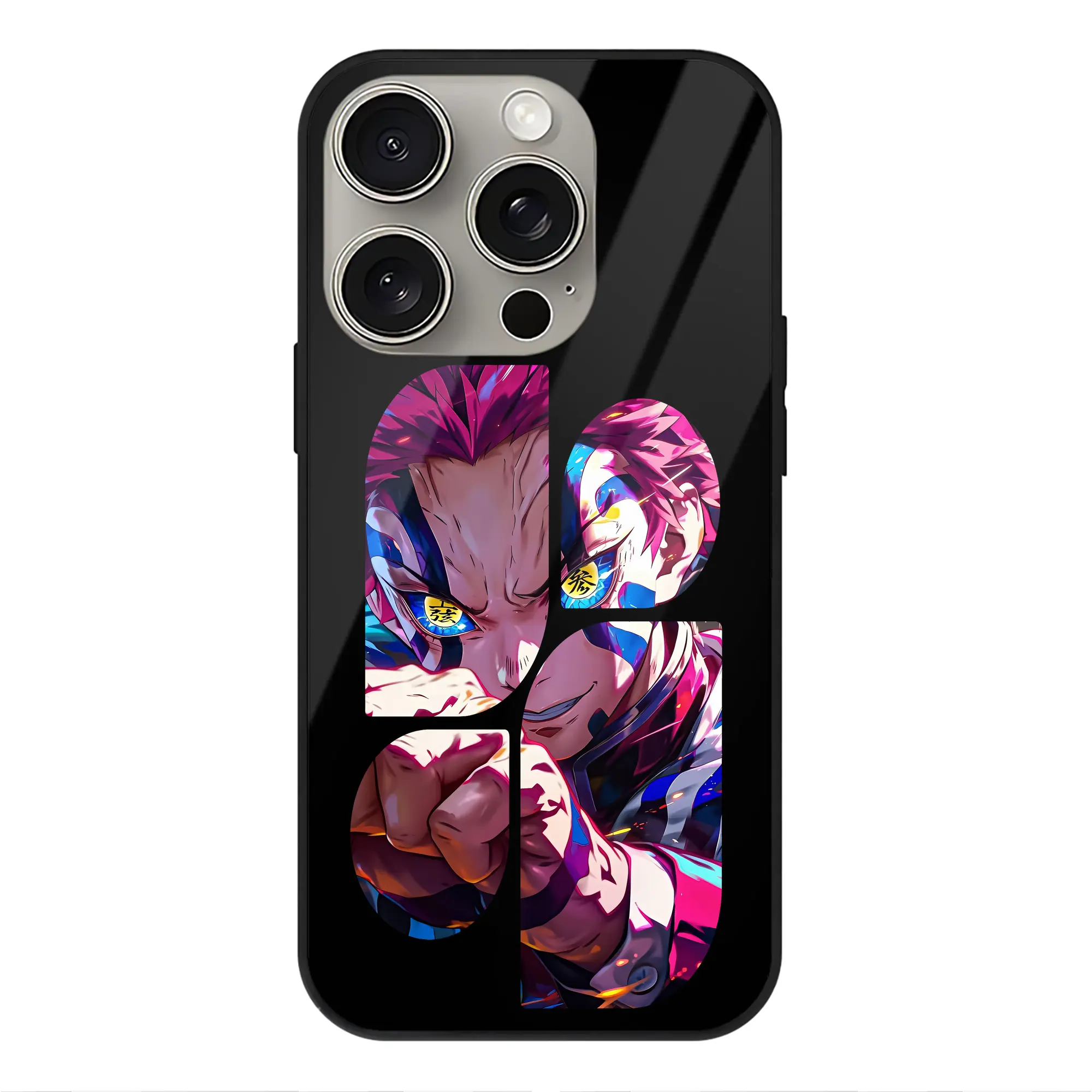 鬼滅の刃 グッズ,猗窩座 - IPhone15Pro対応 ・ スマホケース ・ 背面ガラス ・ TPU+強化ガラス ・ 耐衝撃 ・ 黄変防止 ・ ワイヤレス充電対応 ・ 3D立体ボタン