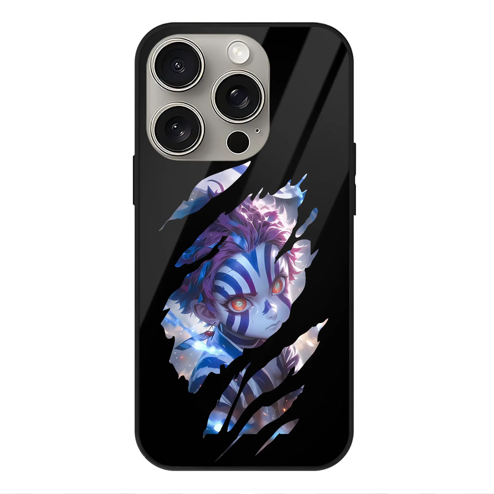 鬼滅の刃 グッズ,猗窩座 - IPhone15Pro対応 ・ スマホケース ・ 背面ガラス ・ TPU+強化ガラス ・ 耐衝撃 ・ 黄変防止 ・ ワイヤレス充電対応 ・ 3D立体ボタン