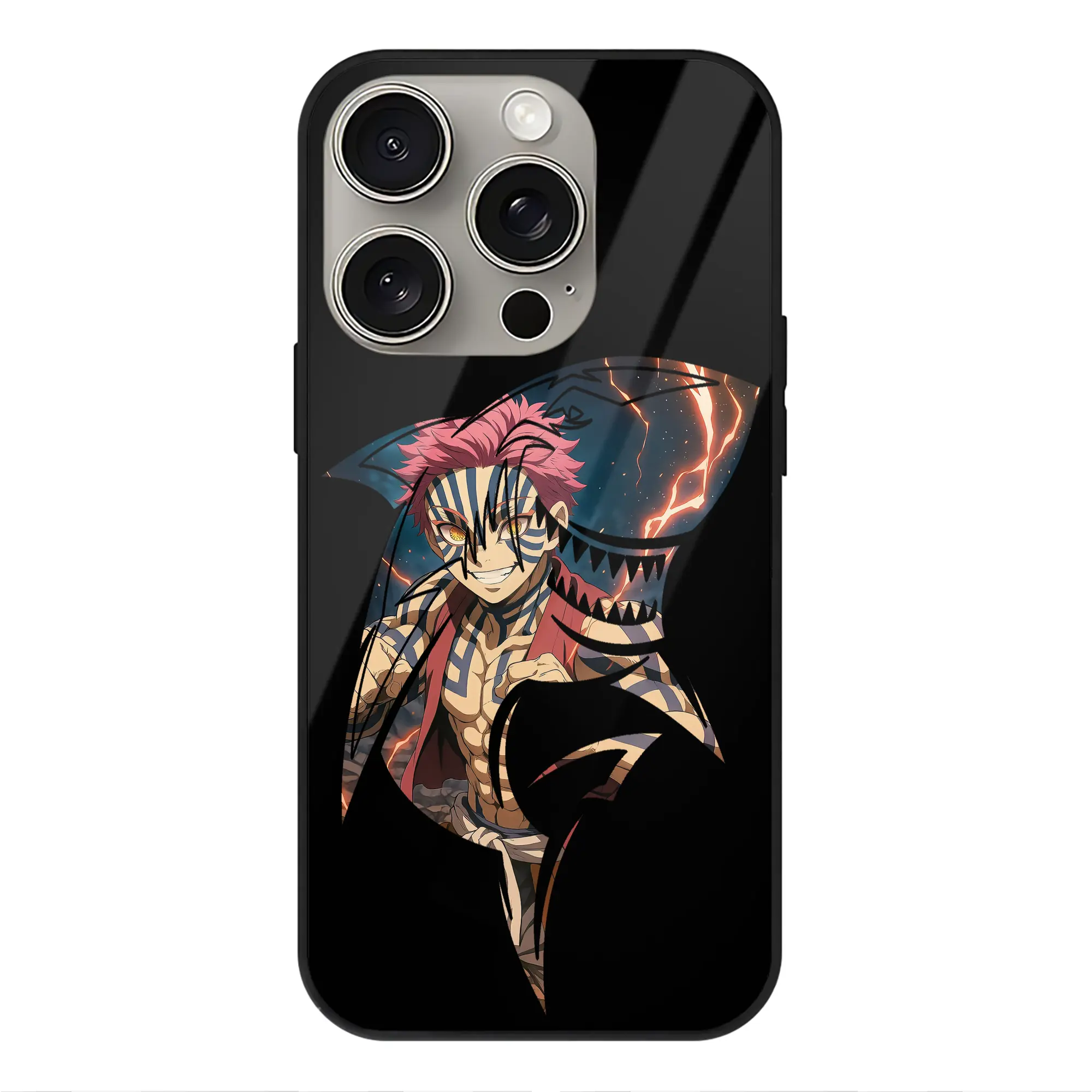 鬼滅の刃 グッズ,猗窩座 - IPhone15Pro対応 ・ スマホケース ・ 背面ガラス ・ TPU+強化ガラス ・ 耐衝撃 ・ 黄変防止 ・ ワイヤレス充電対応 ・ 3D立体ボタン