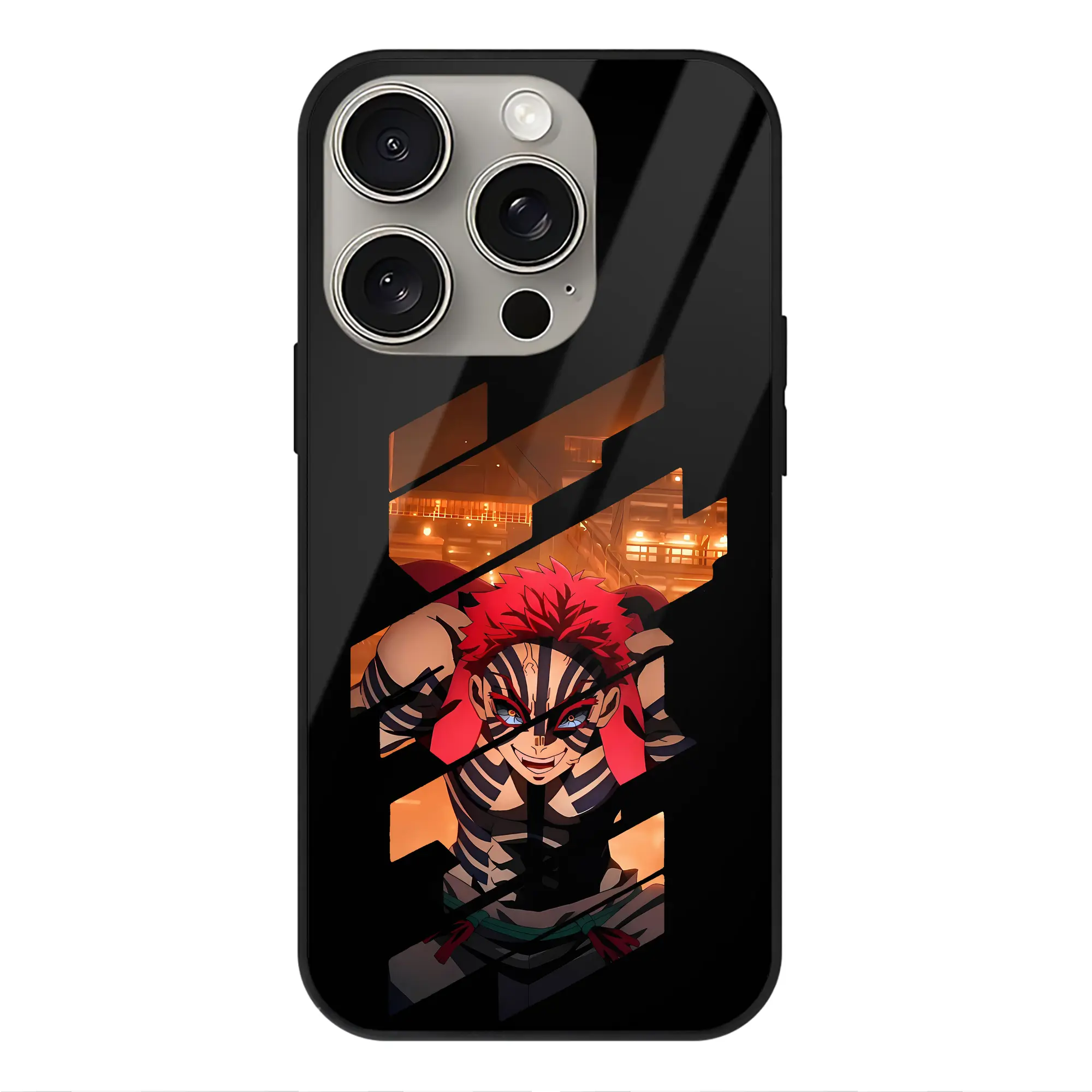 鬼滅の刃 グッズ,猗窩座 - IPhone15Pro対応 ・ スマホケース ・ 背面ガラス ・ TPU+強化ガラス ・ 耐衝撃 ・ 黄変防止 ・ ワイヤレス充電対応 ・ 3D立体ボタン