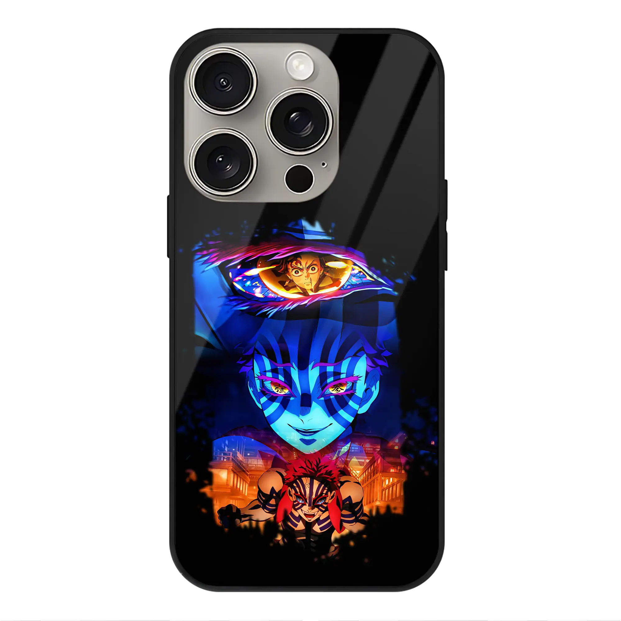 鬼滅の刃 グッズ,猗窩座 - IPhone15Pro対応 ・ スマホケース ・ 背面ガラス ・ TPU+強化ガラス ・ 耐衝撃 ・ 黄変防止 ・ ワイヤレス充電対応 ・ 3D立体ボタン