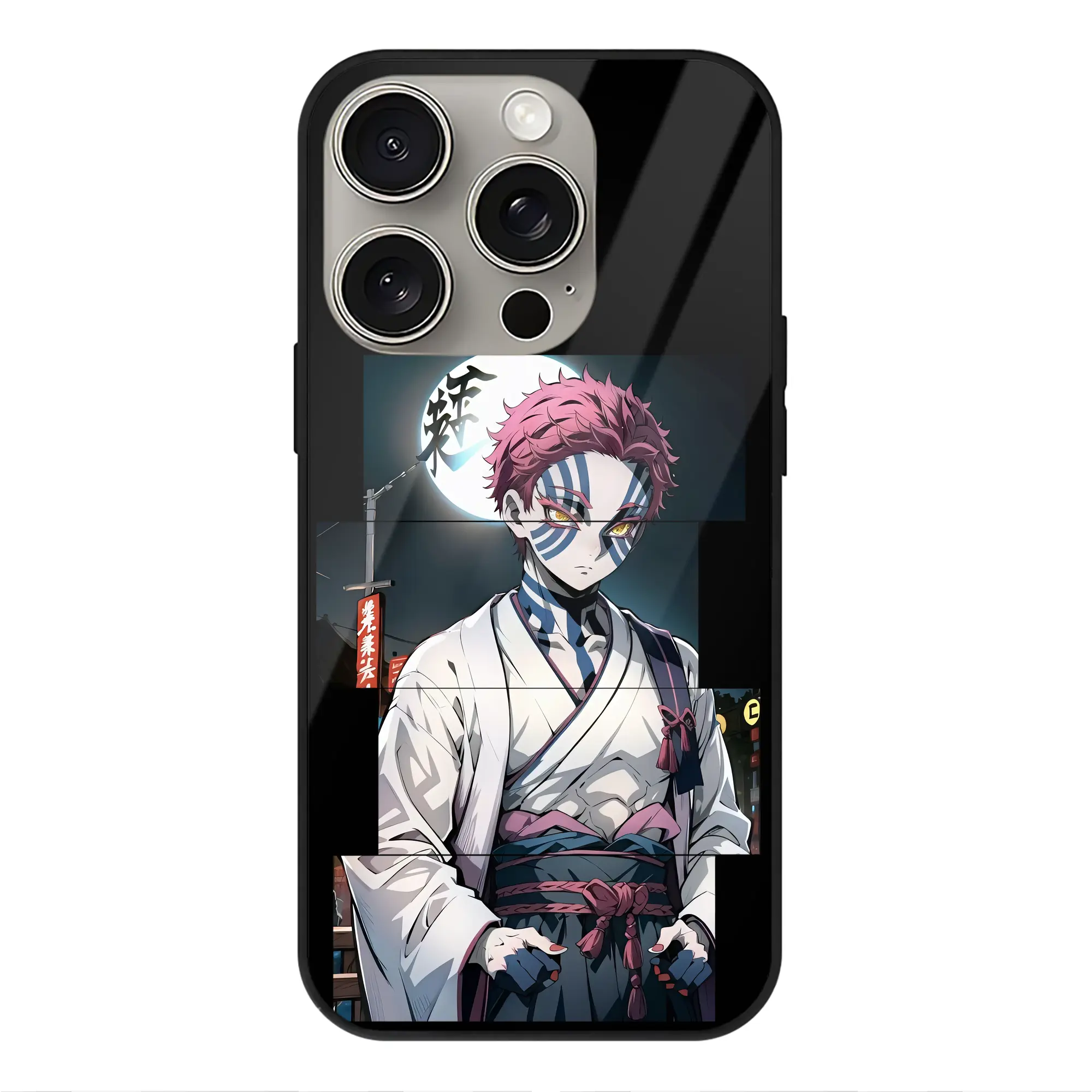 鬼滅の刃 グッズ,猗窩座 - IPhone15Pro対応 ・ スマホケース ・ 背面ガラス ・ TPU+強化ガラス ・ 耐衝撃 ・ 黄変防止 ・ ワイヤレス充電対応 ・ 3D立体ボタン