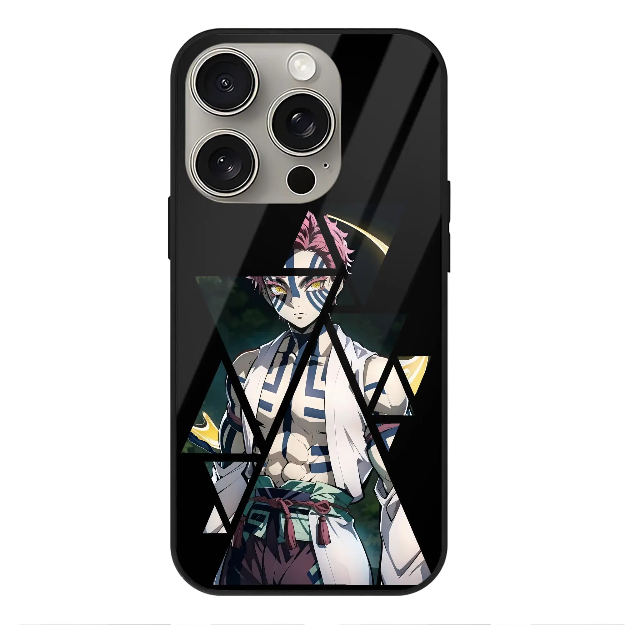 鬼滅の刃 グッズ,猗窩座 - IPhone15Pro対応 ・ スマホケース ・ 背面ガラス ・ TPU+強化ガラス ・ 耐衝撃 ・ 黄変防止 ・ ワイヤレス充電対応 ・ 3D立体ボタン