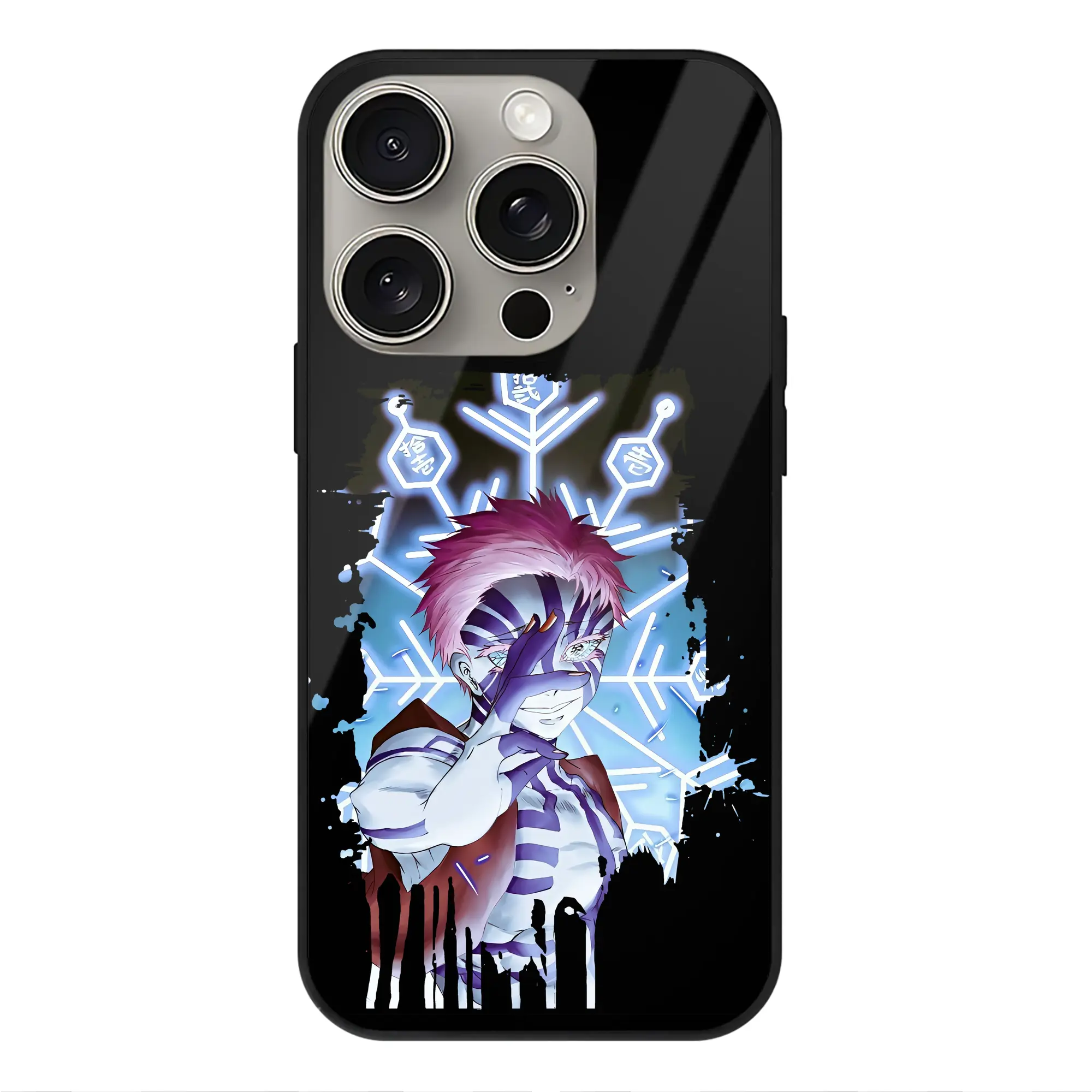 鬼滅の刃 グッズ,猗窩座 - IPhone15Pro対応 ・ スマホケース ・ 背面ガラス ・ TPU+強化ガラス ・ 耐衝撃 ・ 黄変防止 ・ ワイヤレス充電対応 ・ 3D立体ボタン