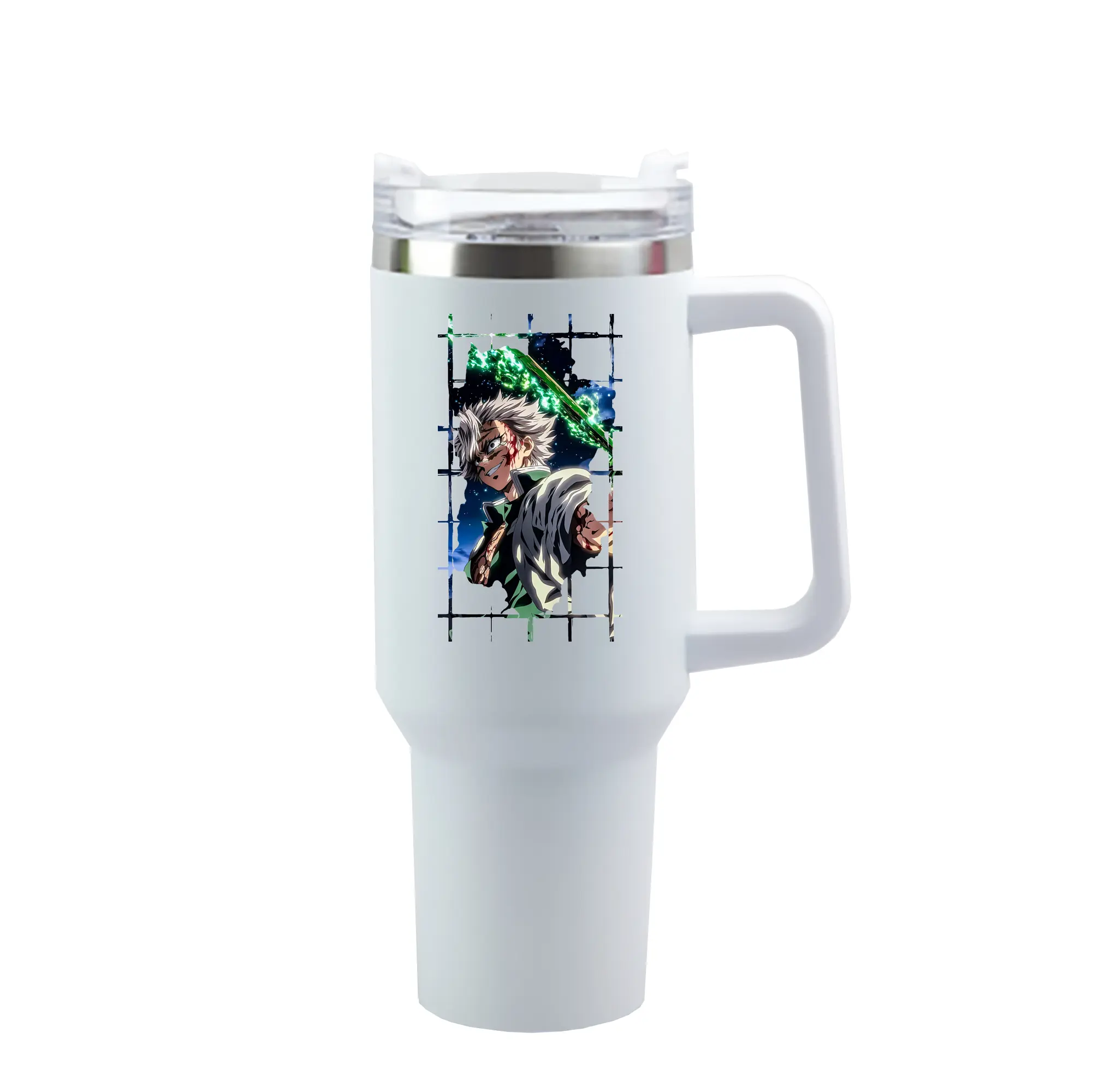 鬼滅の刃 グッズ,不死川 実弥 - 1200mL 車用タンブラー ・ クリスタルステッカー ・ 304ステンレス 内側 ・ 201ステンレス 外側 ・ 保温 保冷 ・ ハンドル＆ストロー付き ・ 通勤 ドライブ アウトドア用