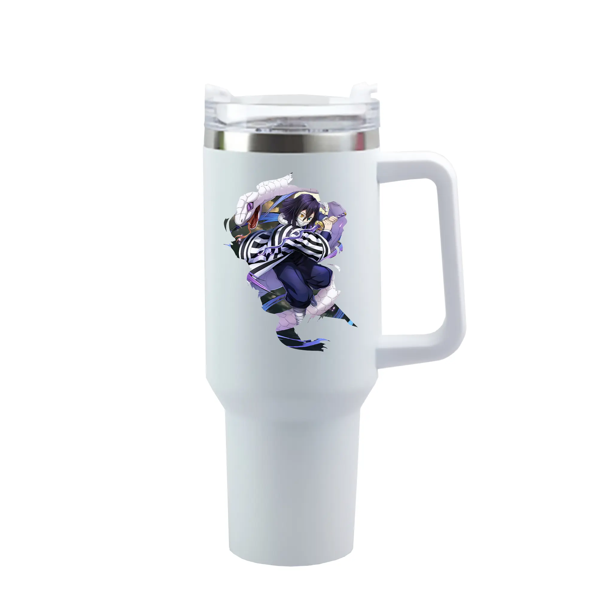 鬼滅の刃 グッズ,伊黒 小芭内 - 1200mL 車用タンブラー ・ クリスタルステッカー ・ 304ステンレス 内側 ・ 201ステンレス 外側 ・ 保温 保冷 ・ ハンドル＆ストロー付き ・ 通勤 ドライブ アウトドア用