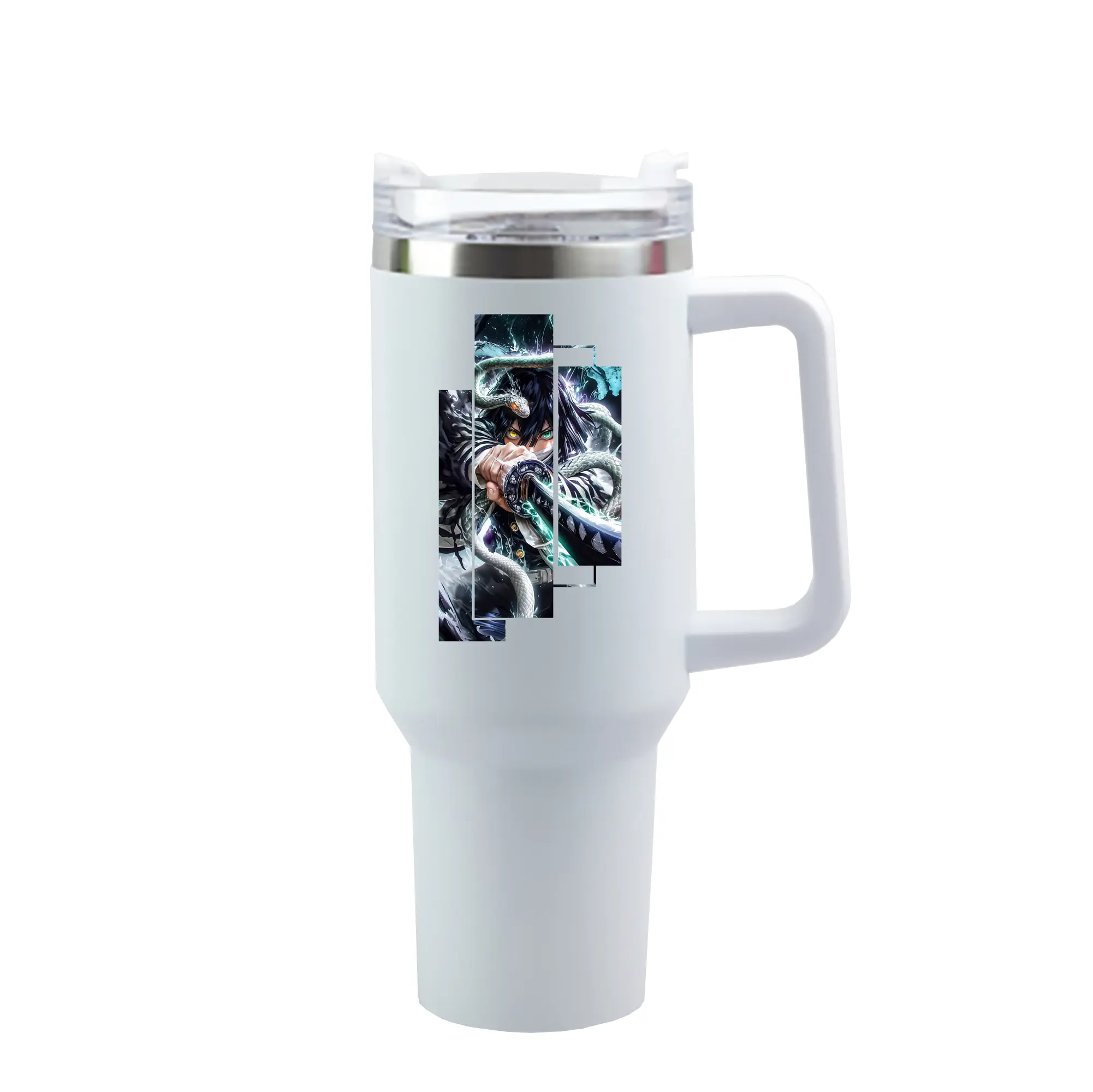 鬼滅の刃 グッズ,伊黒 小芭内 - 1200mL 車用タンブラー ・ クリスタルステッカー ・ 304ステンレス 内側 ・ 201ステンレス 外側 ・ 保温 保冷 ・ ハンドル＆ストロー付き ・ 通勤 ドライブ アウトドア用