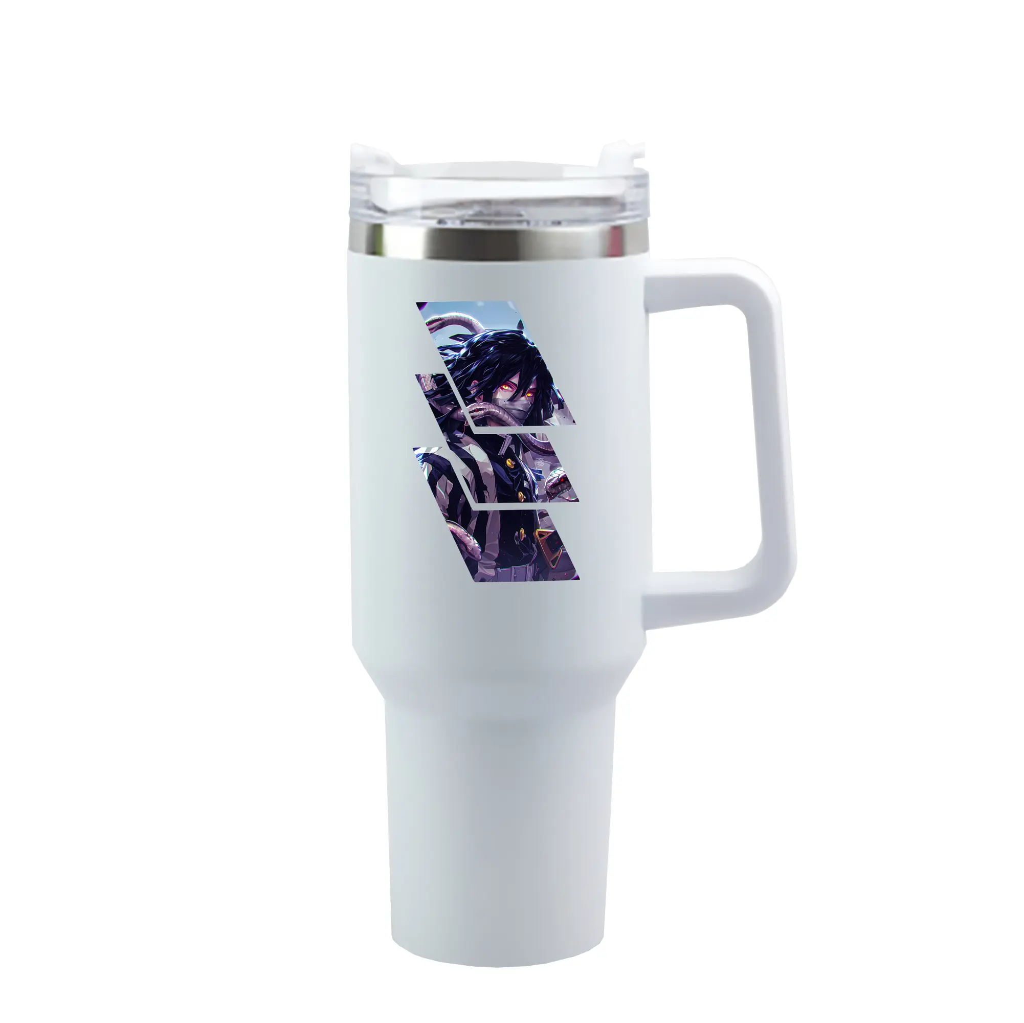 鬼滅の刃 グッズ,伊黒 小芭内 - 1200mL 車用タンブラー ・ クリスタルステッカー ・ 304ステンレス 内側 ・ 201ステンレス 外側 ・ 保温 保冷 ・ ハンドル＆ストロー付き ・ 通勤 ドライブ アウトドア用