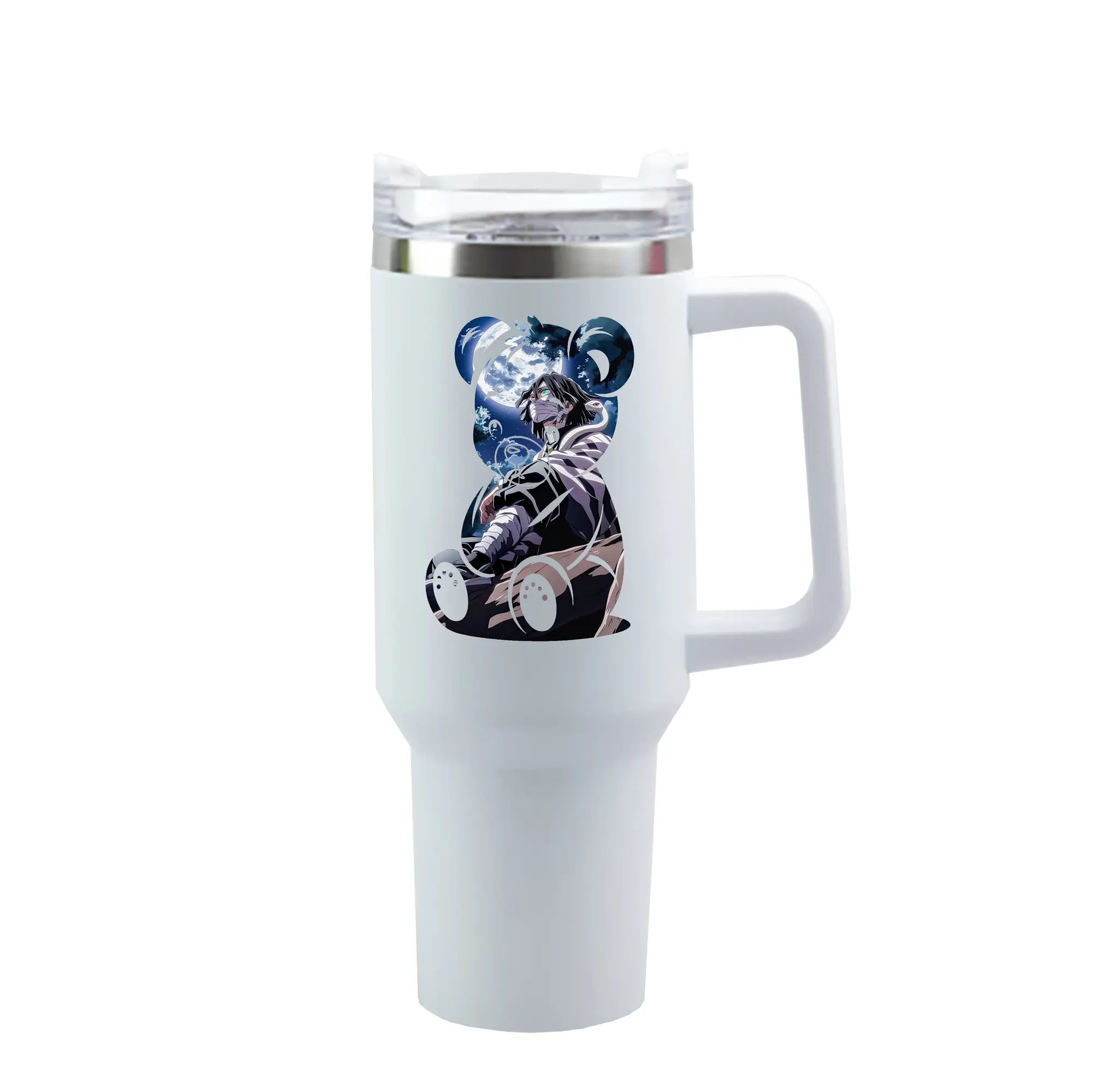 鬼滅の刃 グッズ,伊黒 小芭内 - 1200mL 車用タンブラー ・ クリスタルステッカー ・ 304ステンレス 内側 ・ 201ステンレス 外側 ・ 保温 保冷 ・ ハンドル＆ストロー付き ・ 通勤 ドライブ アウトドア用