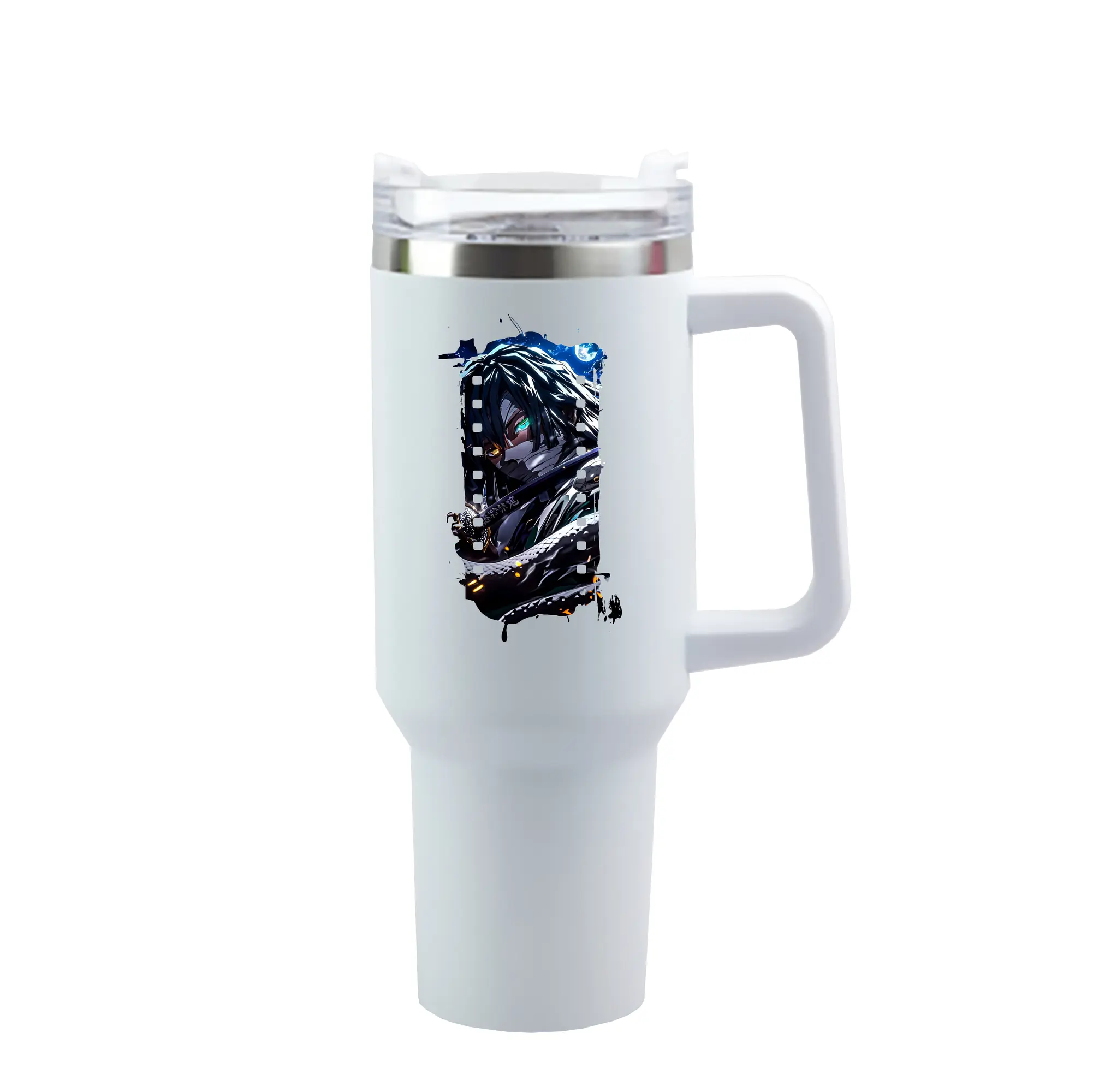 鬼滅の刃 グッズ,伊黒 小芭内 - 1200mL 車用タンブラー ・ クリスタルステッカー ・ 304ステンレス 内側 ・ 201ステンレス 外側 ・ 保温 保冷 ・ ハンドル＆ストロー付き ・ 通勤 ドライブ アウトドア用