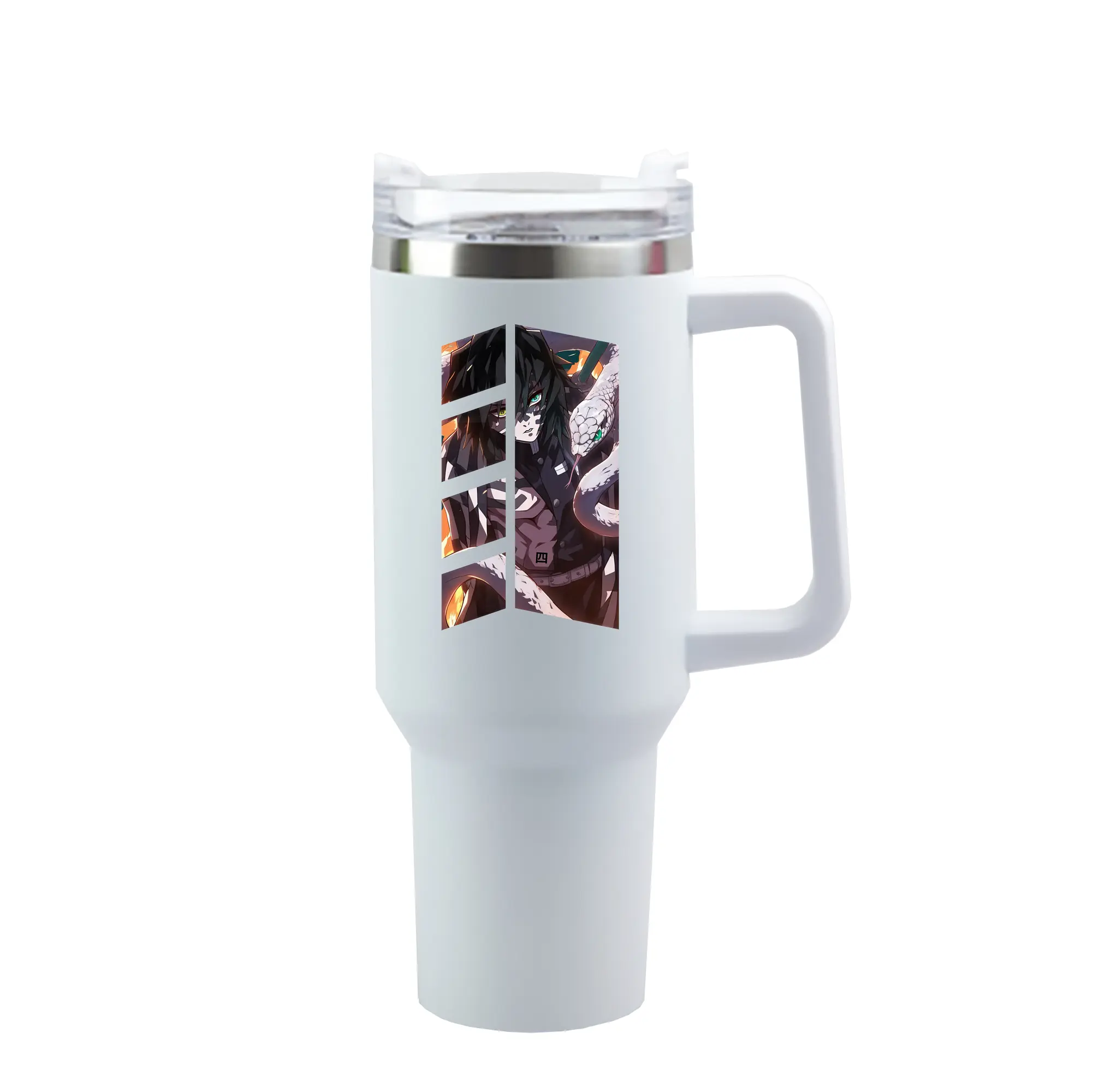 鬼滅の刃 グッズ,伊黒 小芭内 - 1200mL 車用タンブラー ・ クリスタルステッカー ・ 304ステンレス 内側 ・ 201ステンレス 外側 ・ 保温 保冷 ・ ハンドル＆ストロー付き ・ 通勤 ドライブ アウトドア用