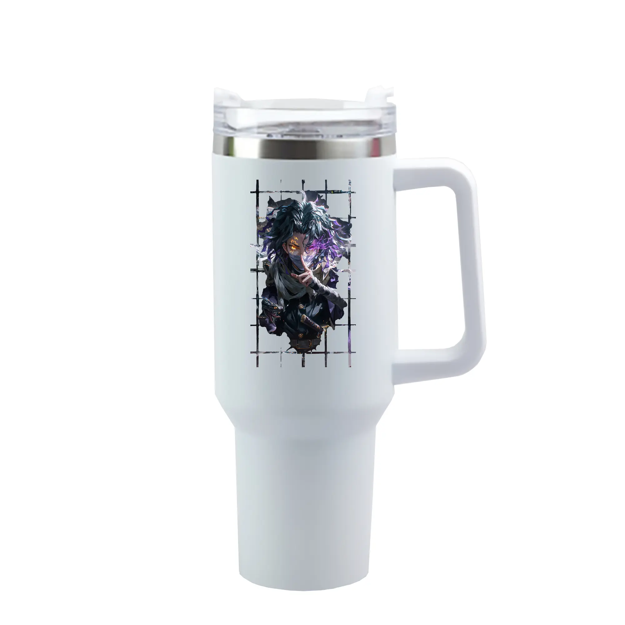鬼滅の刃 グッズ,伊黒 小芭内 - 1200mL 車用タンブラー ・ クリスタルステッカー ・ 304ステンレス 内側 ・ 201ステンレス 外側 ・ 保温 保冷 ・ ハンドル＆ストロー付き ・ 通勤 ドライブ アウトドア用