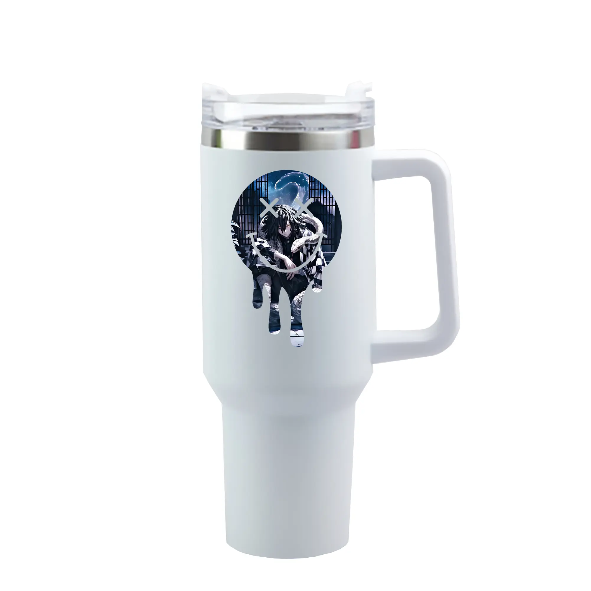 鬼滅の刃 グッズ,伊黒 小芭内 - 1200mL 車用タンブラー ・ クリスタルステッカー ・ 304ステンレス 内側 ・ 201ステンレス 外側 ・ 保温 保冷 ・ ハンドル＆ストロー付き ・ 通勤 ドライブ アウトドア用