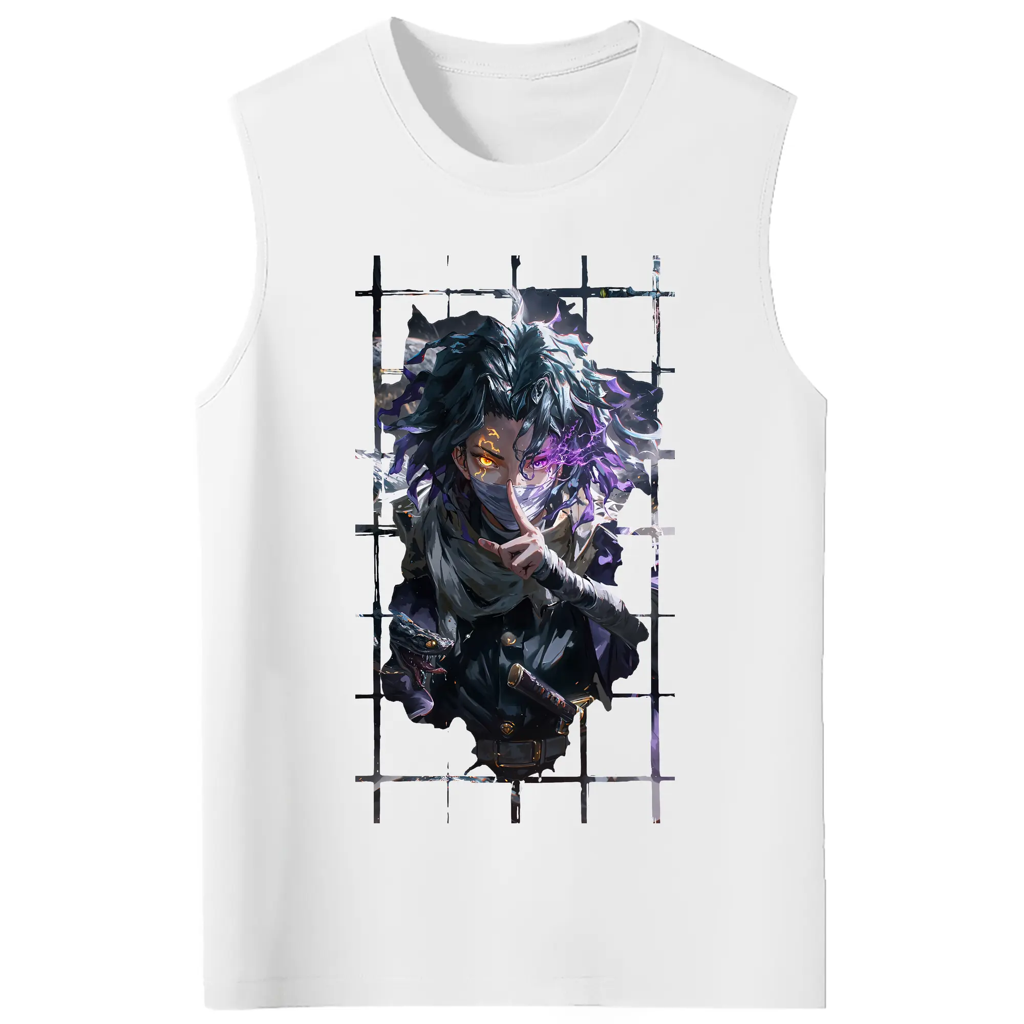 鬼滅の刃 グッズ,伊黒 小芭内 - コットン100％ タンクトップ ・ フロントプリント ・ タイトフィット ・ 快適 通気性 ・ スポーツ カジュアル 散歩用