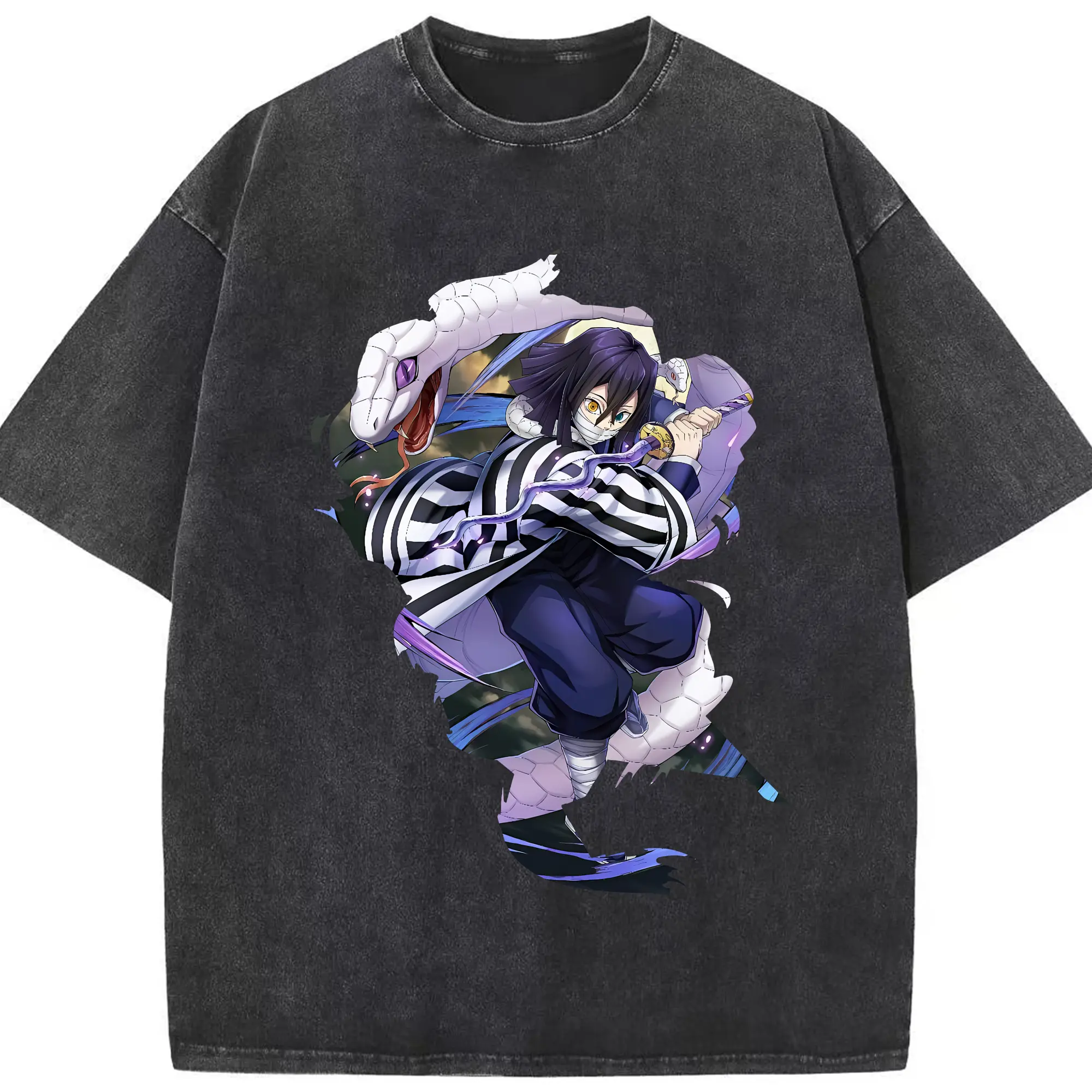 鬼滅の刃 グッズ,伊黒 小芭内 - 綿100％ ヴィンテージ風 半袖Tシャツ ・ フロントプリント ・ 柔らか肌触り ・ 通気性 快適 ・ スポーツ カジュアル 外出用