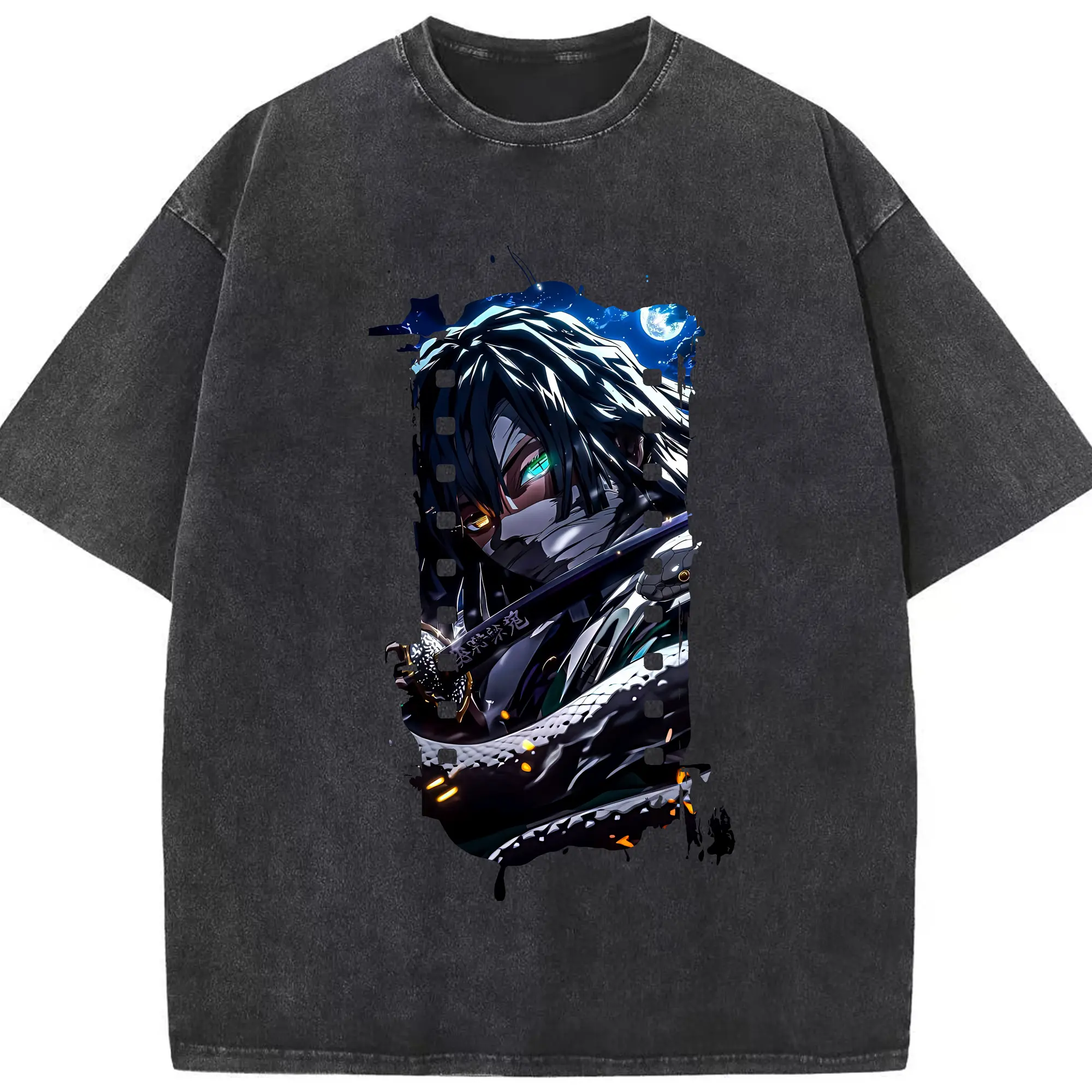 鬼滅の刃 グッズ,伊黒 小芭内 - 綿100％ ヴィンテージ風 半袖Tシャツ ・ フロントプリント ・ 柔らか肌触り ・ 通気性 快適 ・ スポーツ カジュアル 外出用