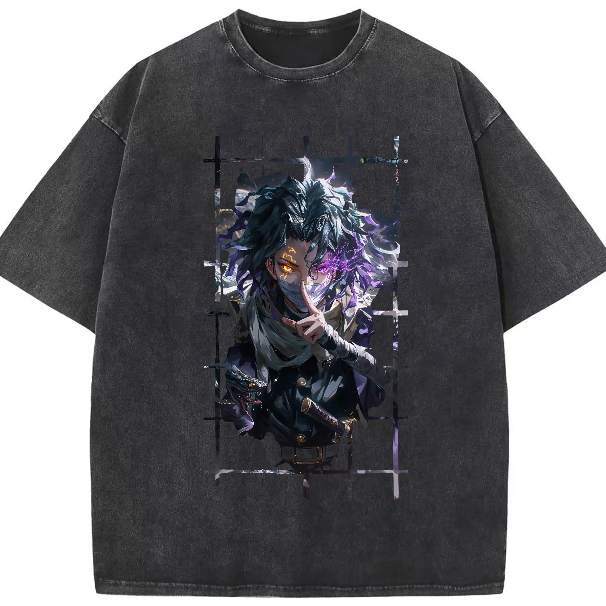 鬼滅の刃 グッズ,伊黒 小芭内 - 綿100％ ヴィンテージ風 半袖Tシャツ ・ フロントプリント ・ 柔らか肌触り ・ 通気性 快適 ・ スポーツ カジュアル 外出用