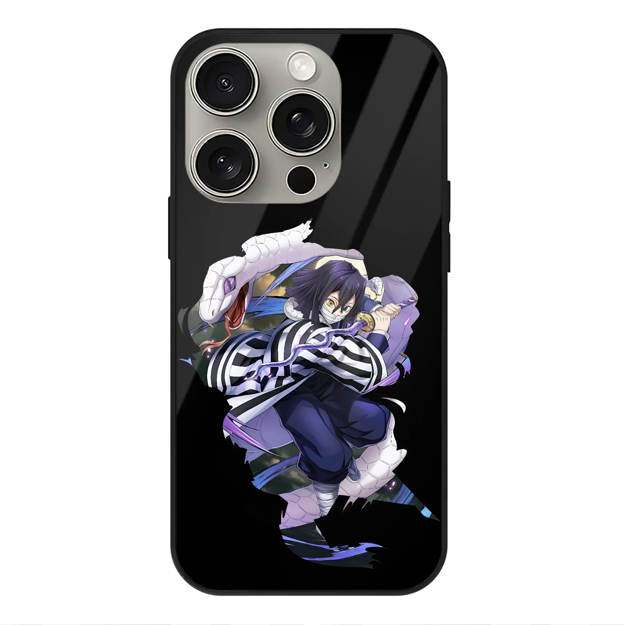 鬼滅の刃 グッズ,伊黒 小芭内 - IPhone15Pro対応 ・ スマホケース ・ 背面ガラス ・ TPU+強化ガラス ・ 耐衝撃 ・ 黄変防止 ・ ワイヤレス充電対応 ・ 3D立体ボタン