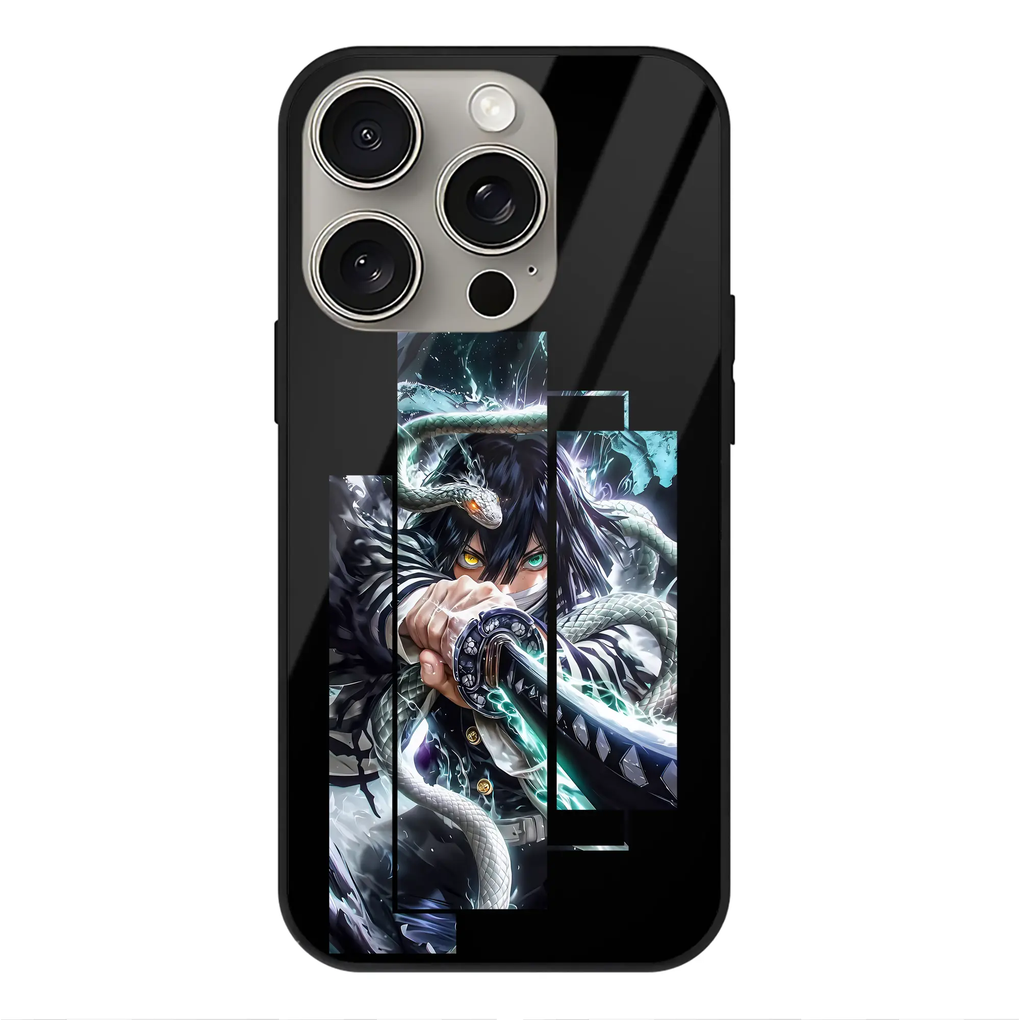 鬼滅の刃 グッズ,伊黒 小芭内 - IPhone15Pro対応 ・ スマホケース ・ 背面ガラス ・ TPU+強化ガラス ・ 耐衝撃 ・ 黄変防止 ・ ワイヤレス充電対応 ・ 3D立体ボタン