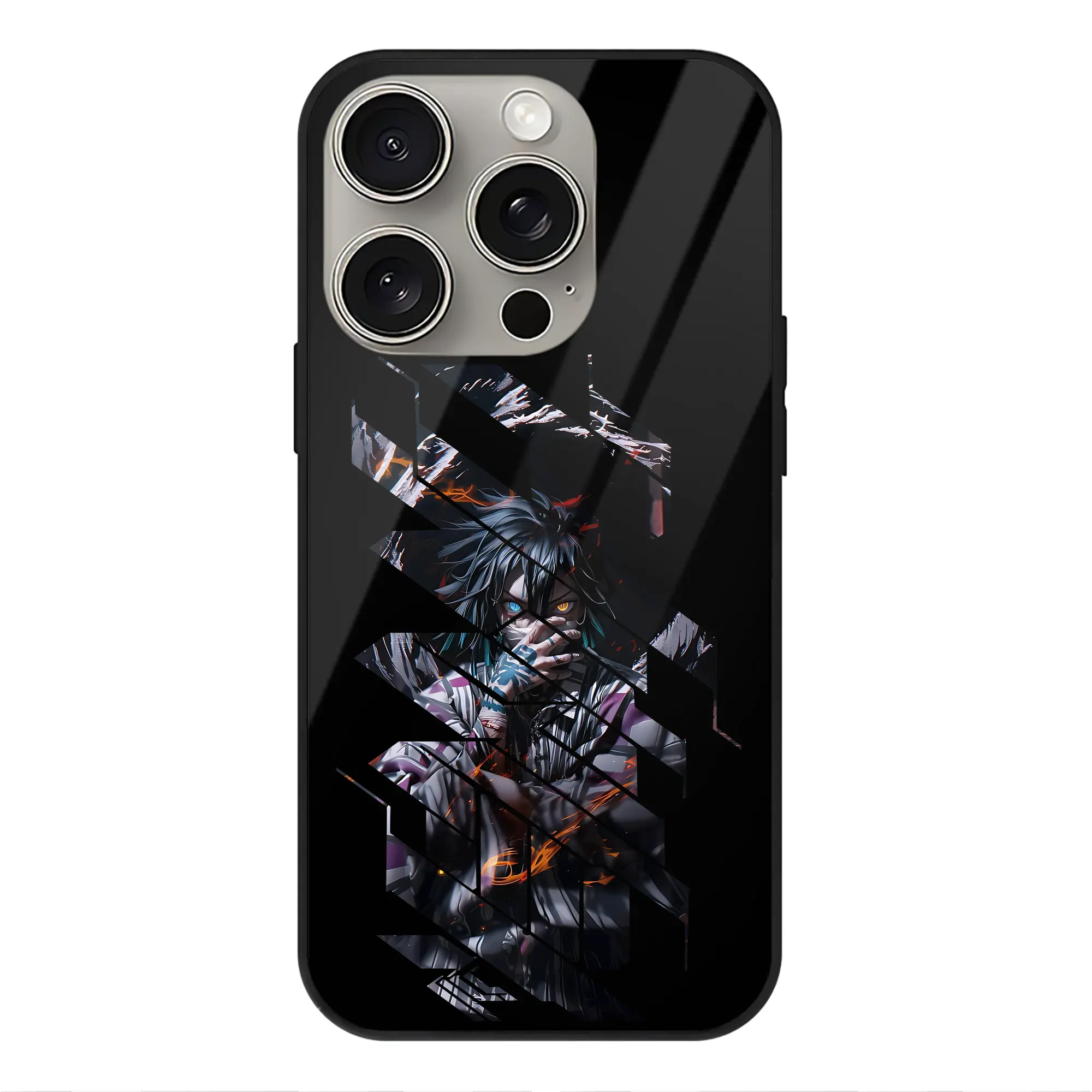 鬼滅の刃 グッズ,伊黒 小芭内 - IPhone15Pro対応 ・ スマホケース ・ 背面ガラス ・ TPU+強化ガラス ・ 耐衝撃 ・ 黄変防止 ・ ワイヤレス充電対応 ・ 3D立体ボタン