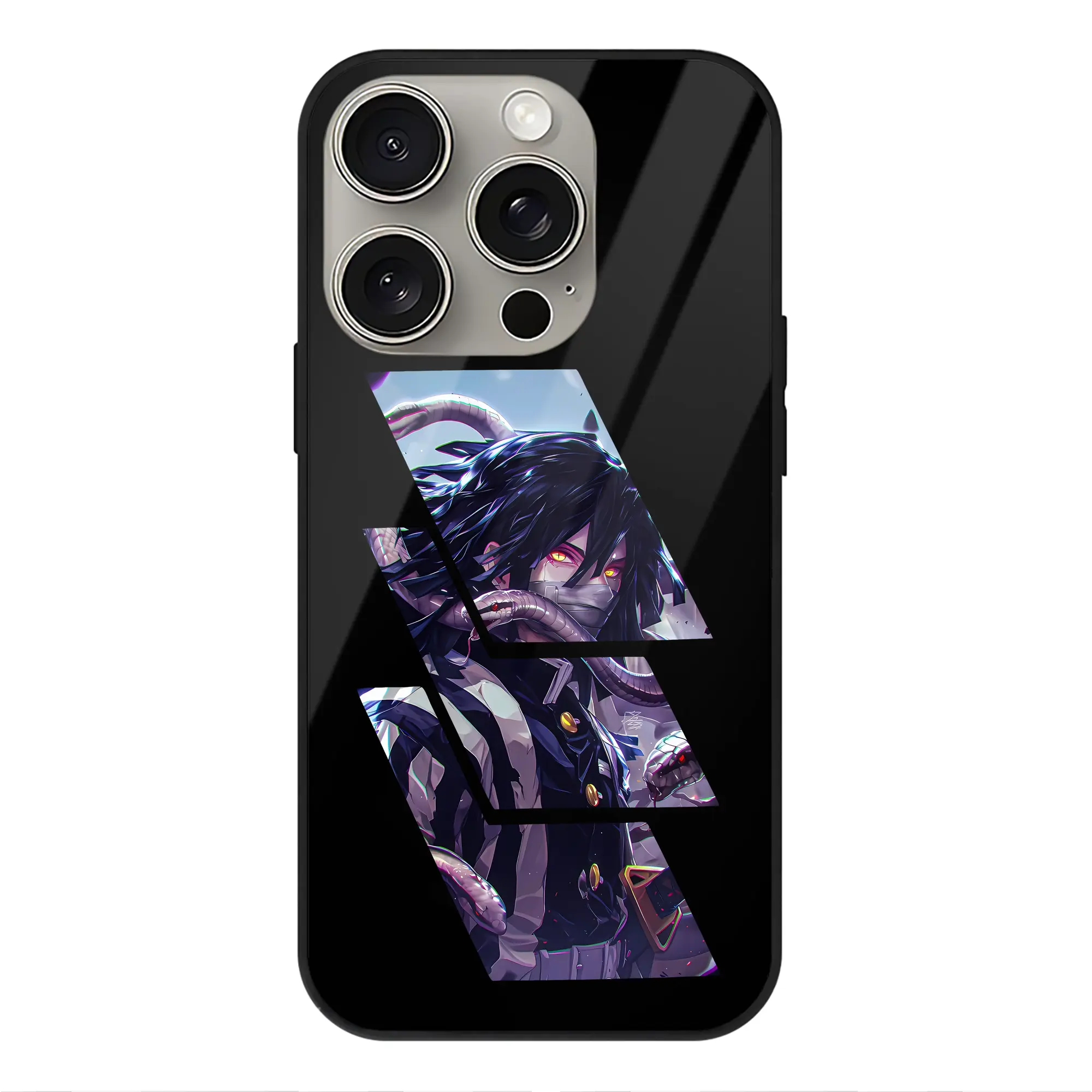 鬼滅の刃 グッズ,伊黒 小芭内 - IPhone15Pro対応 ・ スマホケース ・ 背面ガラス ・ TPU+強化ガラス ・ 耐衝撃 ・ 黄変防止 ・ ワイヤレス充電対応 ・ 3D立体ボタン