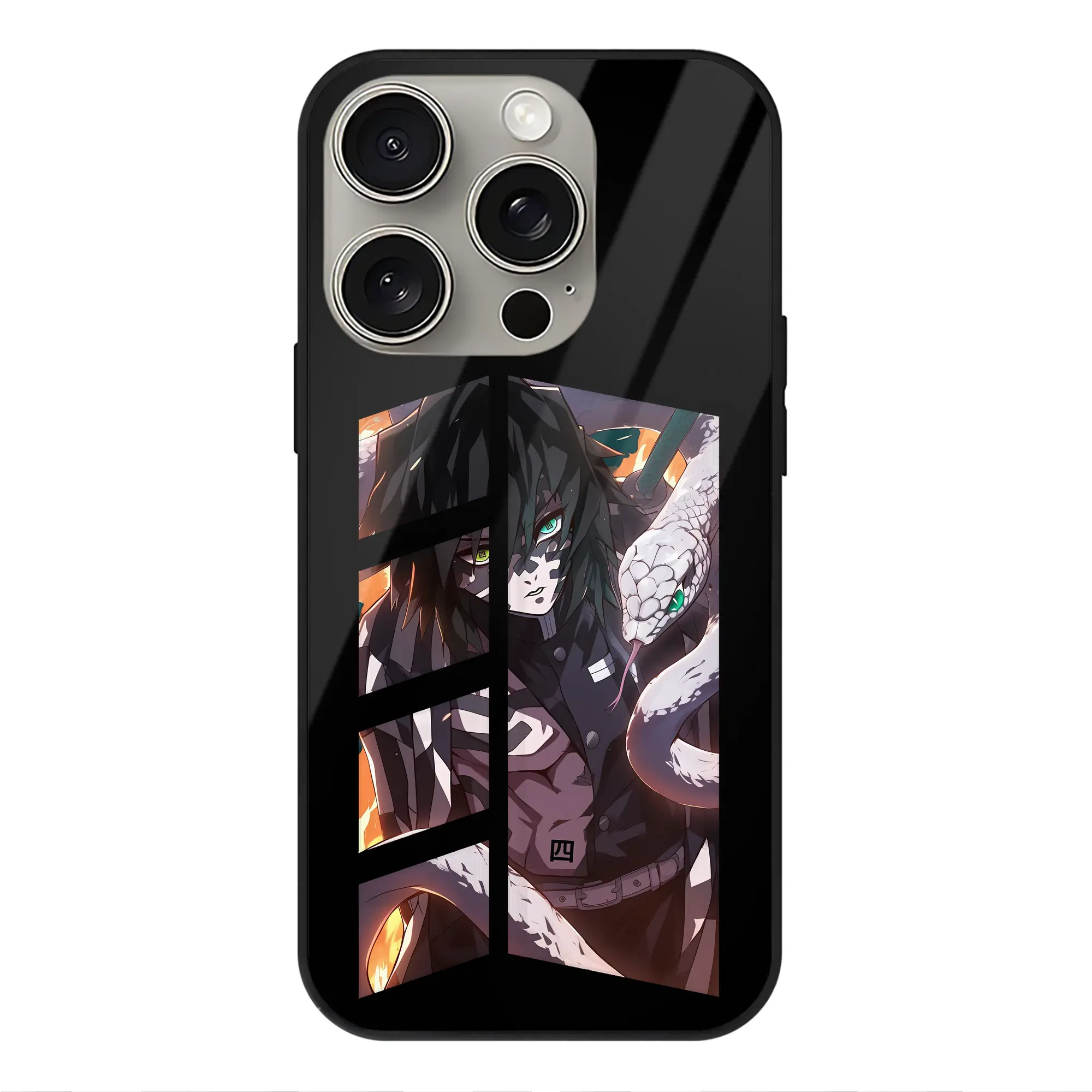 鬼滅の刃 グッズ,伊黒 小芭内 - IPhone15Pro対応 ・ スマホケース ・ 背面ガラス ・ TPU+強化ガラス ・ 耐衝撃 ・ 黄変防止 ・ ワイヤレス充電対応 ・ 3D立体ボタン