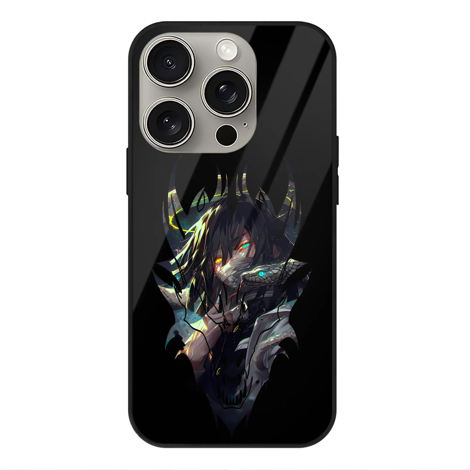 鬼滅の刃 グッズ,伊黒 小芭内 - IPhone15Pro対応 ・ スマホケース ・ 背面ガラス ・ TPU+強化ガラス ・ 耐衝撃 ・ 黄変防止 ・ ワイヤレス充電対応 ・ 3D立体ボタン