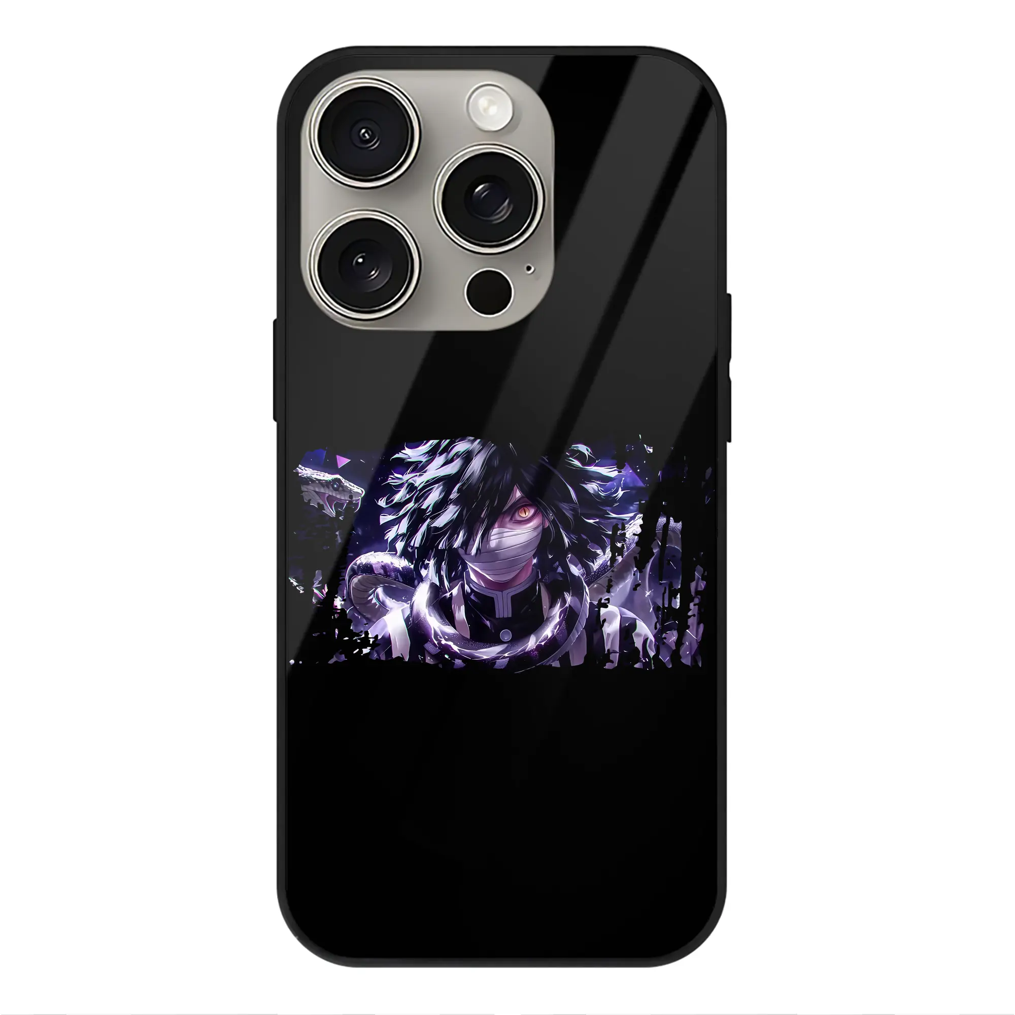 鬼滅の刃 グッズ,伊黒 小芭内 - IPhone15Pro対応 ・ スマホケース ・ 背面ガラス ・ TPU+強化ガラス ・ 耐衝撃 ・ 黄変防止 ・ ワイヤレス充電対応 ・ 3D立体ボタン