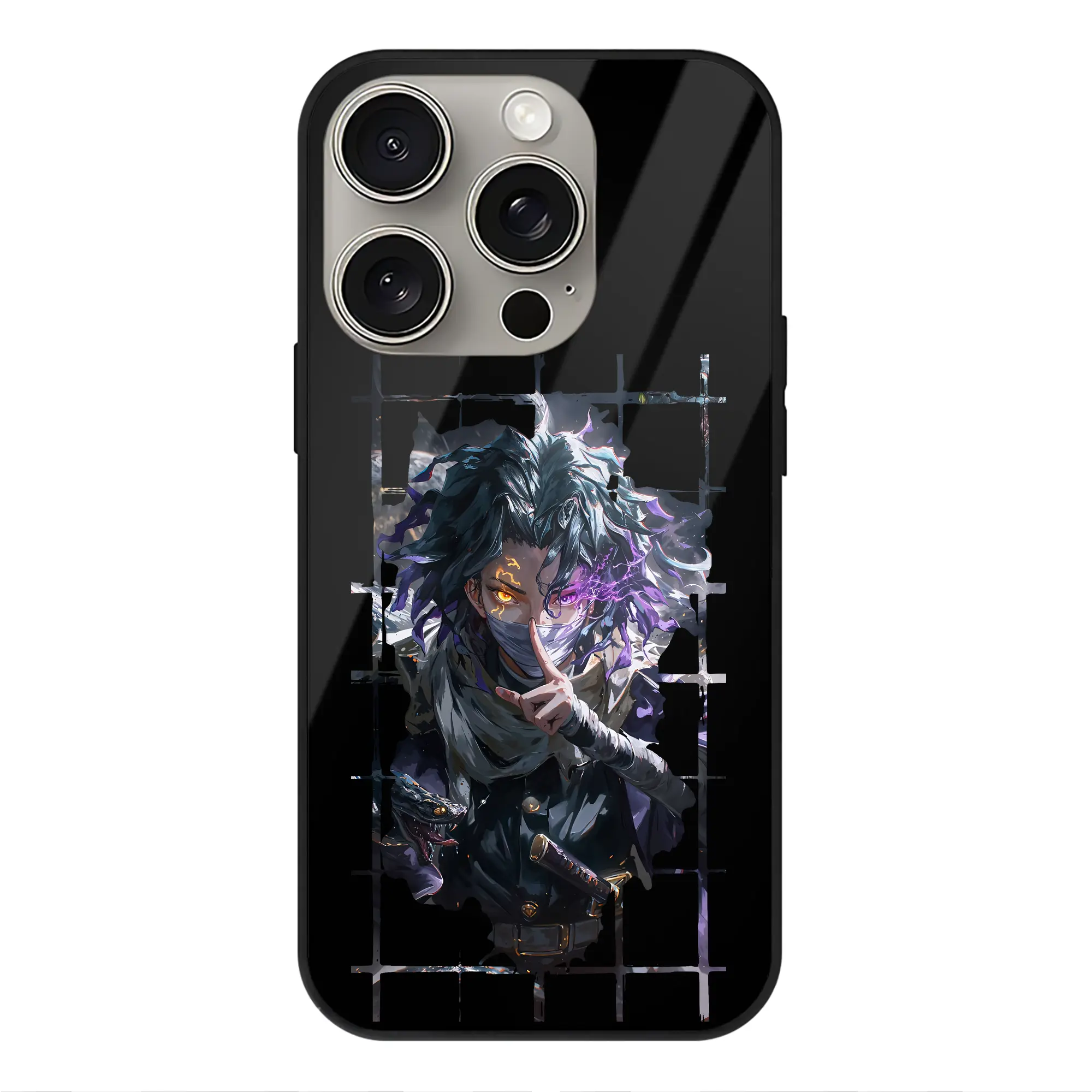 鬼滅の刃 グッズ,伊黒 小芭内 - IPhone15Pro対応 ・ スマホケース ・ 背面ガラス ・ TPU+強化ガラス ・ 耐衝撃 ・ 黄変防止 ・ ワイヤレス充電対応 ・ 3D立体ボタン