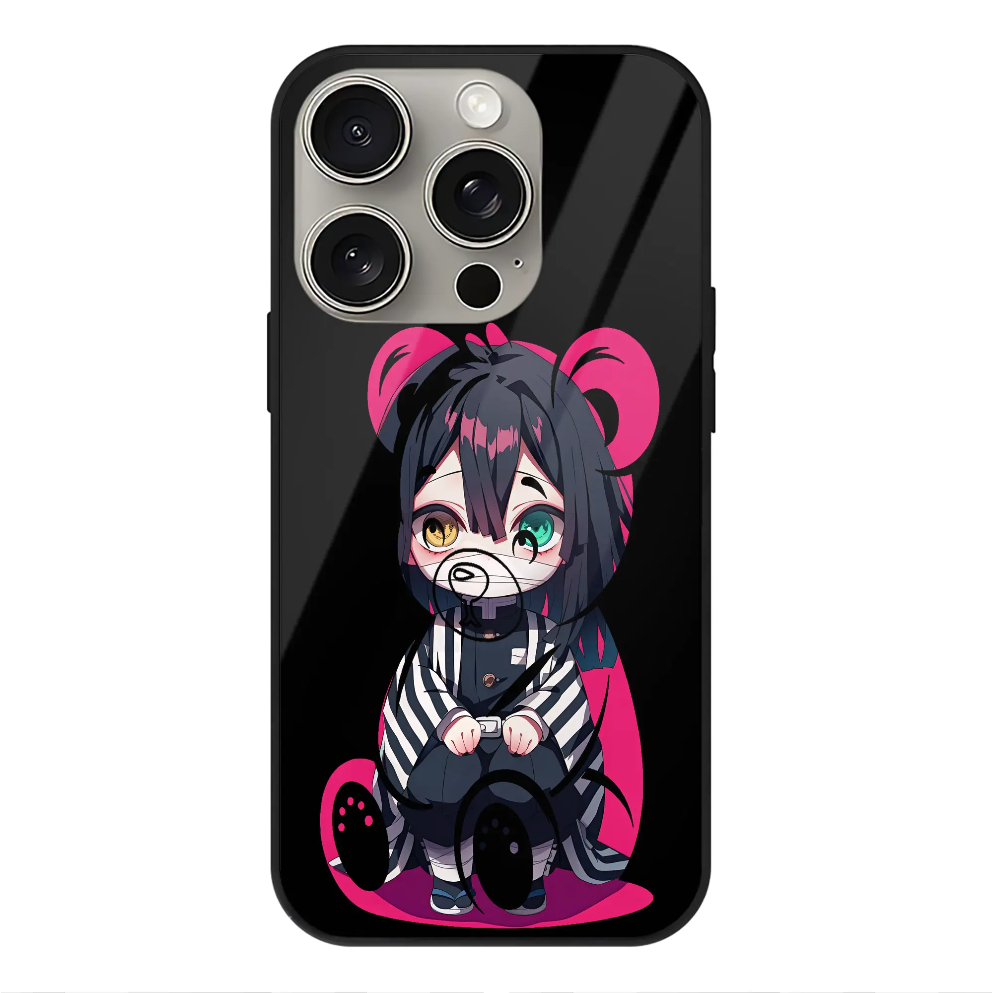 鬼滅の刃 グッズ,伊黒 小芭内 - IPhone15Pro対応 ・ スマホケース ・ 背面ガラス ・ TPU+強化ガラス ・ 耐衝撃 ・ 黄変防止 ・ ワイヤレス充電対応 ・ 3D立体ボタン